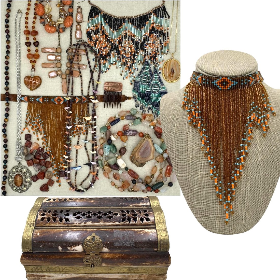 Pierced Vintage Bone Jewel Box, Heishi Bird Fetish, Polished Stone & Glass Bead Statement Jewelry: Fab assortment of earthy adornments, including a trio of hand carved Bird & Heishi necklaces, pair of polished natural stone necklaces, oversize slab & polished pendants, seed bead chandelier fringe e