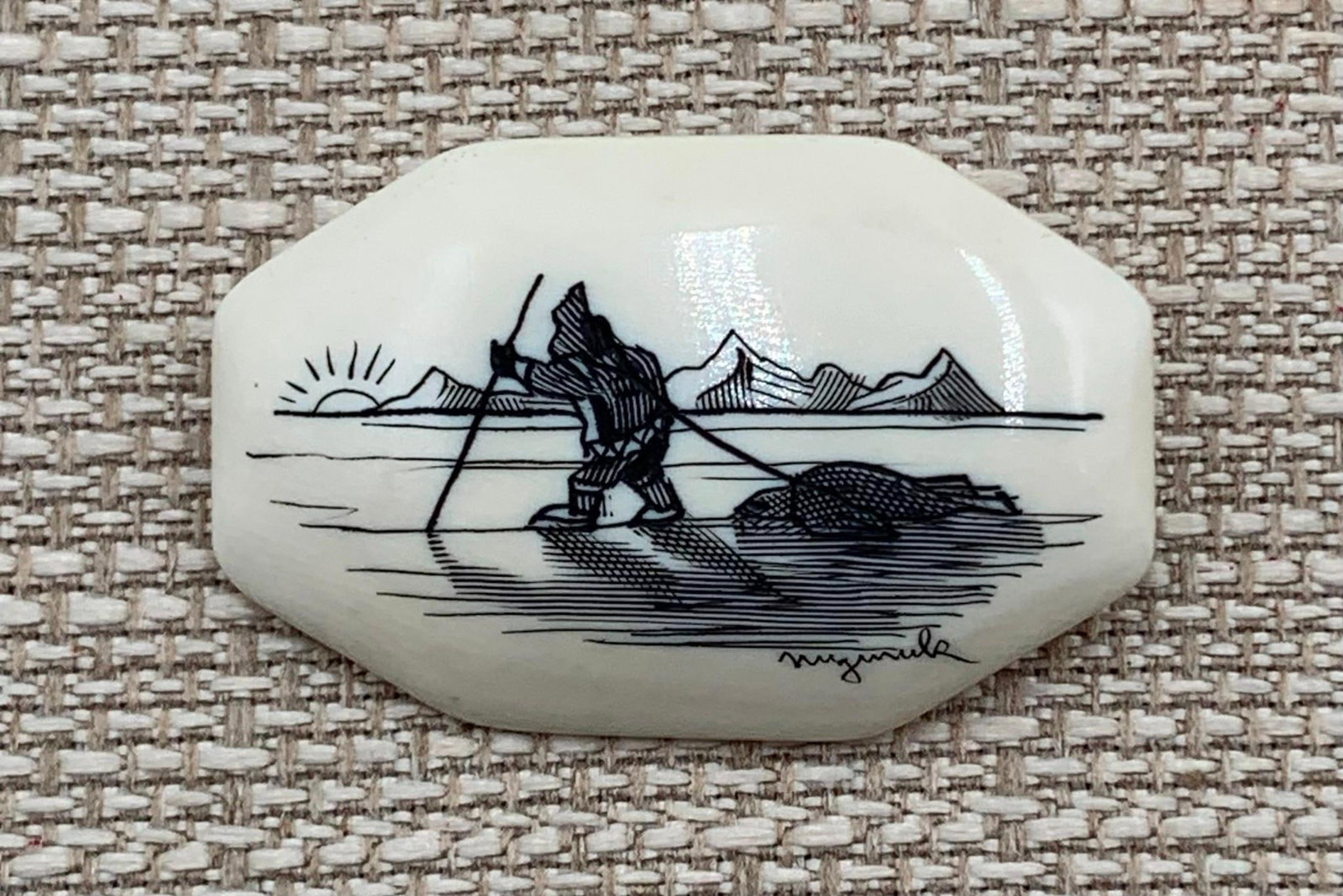 Alaskan Inuit Hand Carved Hunt Scene Brooch (1 of 4)