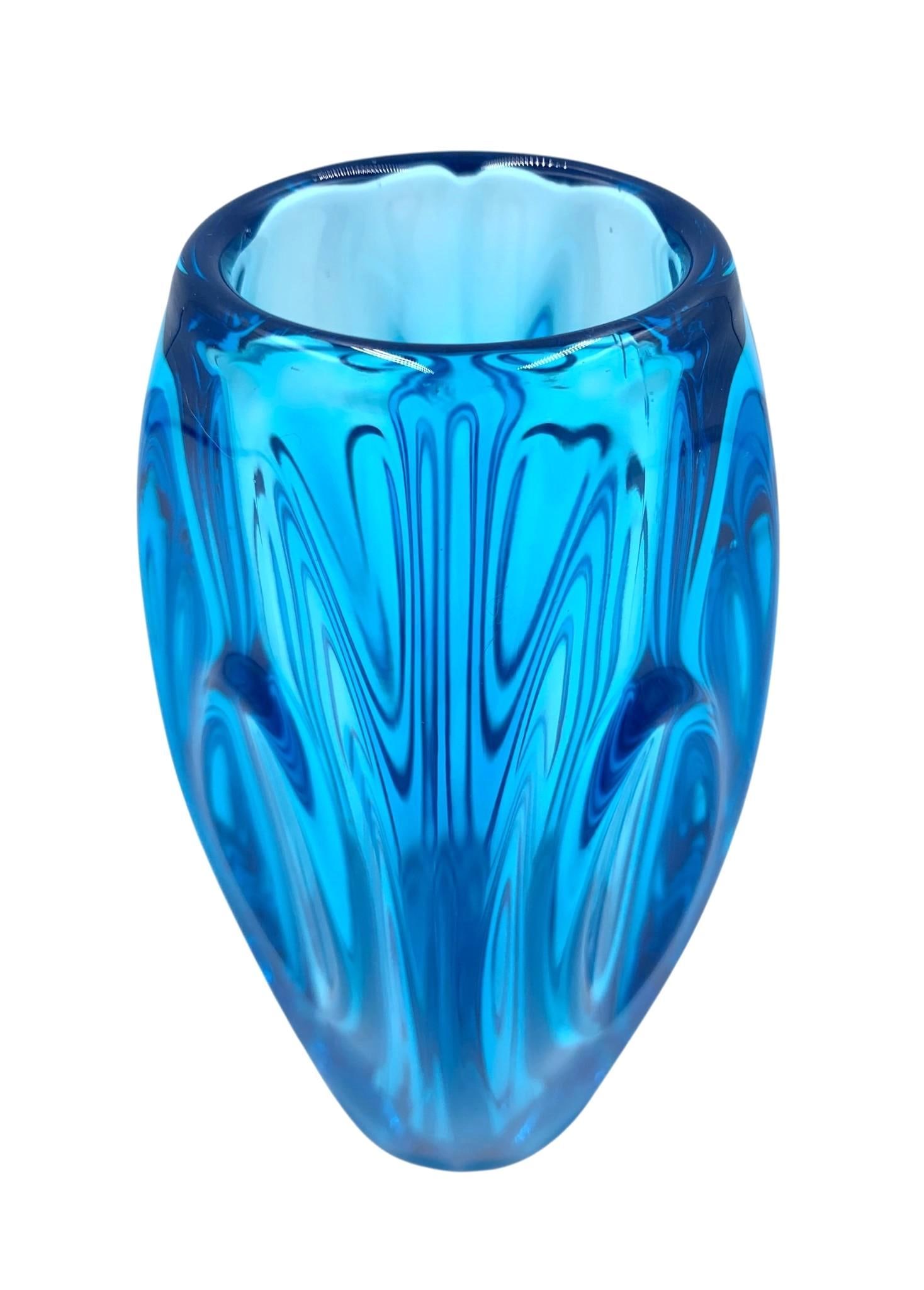 Mid Century Rudolf Schrotter SKLO Union Teal Blue Czechoslovakian Bullet Vase: Gorgeous hue, 6" height, hefty in weight, a few petite air bubbles, Fantastic!
