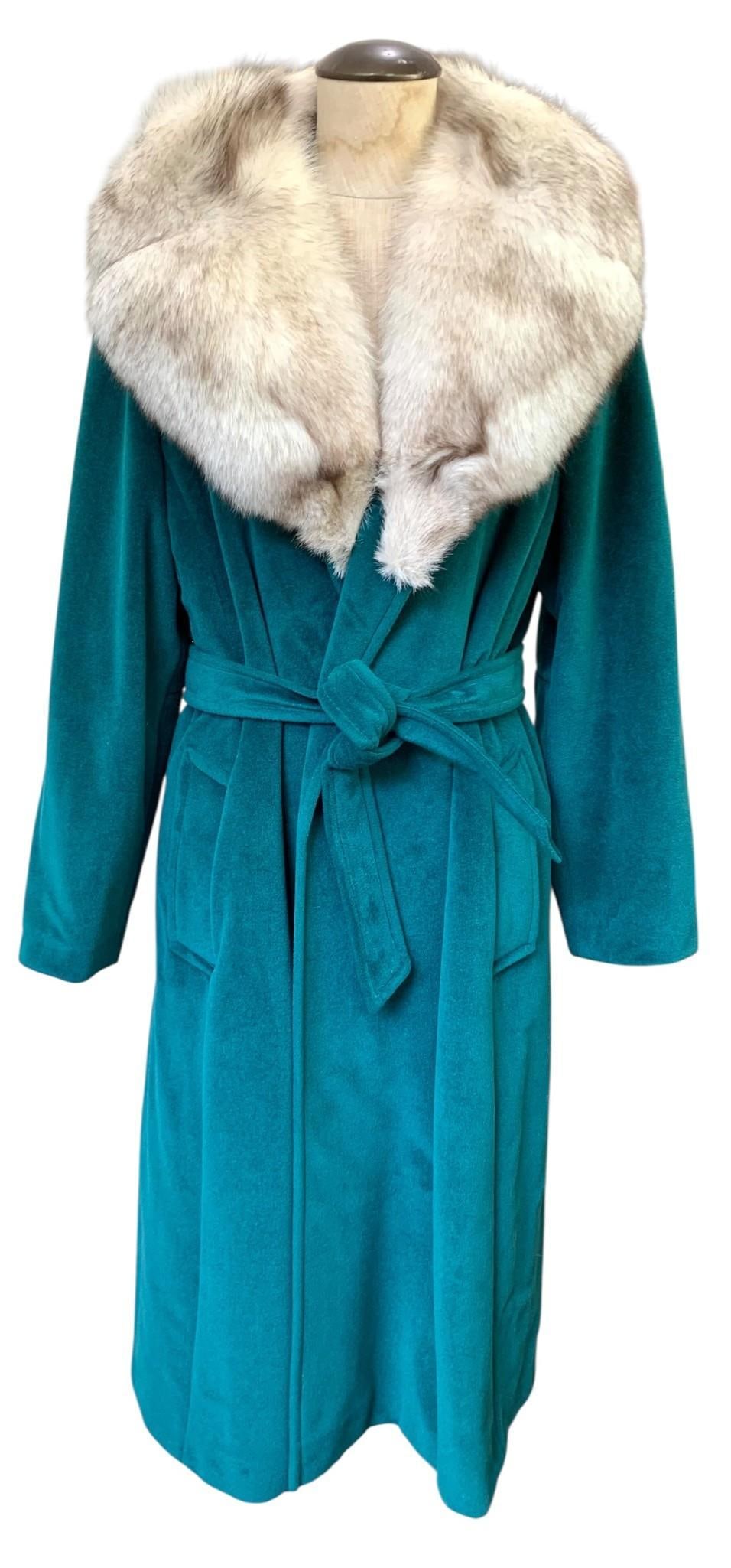 Incredible Mid Century Lorendale of Bromleigh Teal Wool Plush Fox Fur Collar Coat: Stunning! Lorendale of Bromleigh label, matching satin lining the coat and the pair of slash pockets, ruched rear waist with self fabric sash overlay and pair of belt ties at the front, lush Fox fur c
