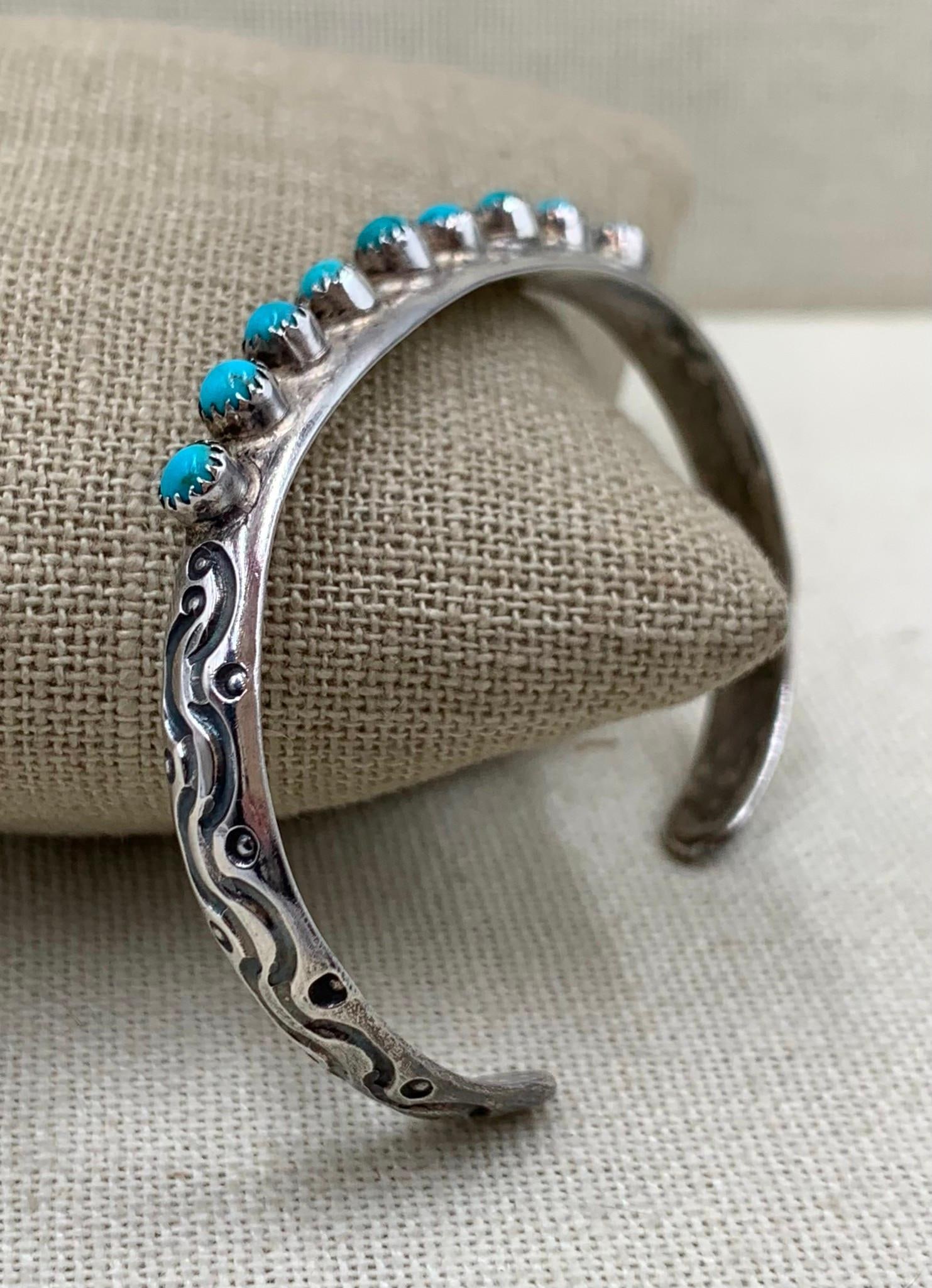Southwestern Sterling Silver Native American Indian Crafted 9 Stone Turquoise Cuff Bracelet (1 of 8)