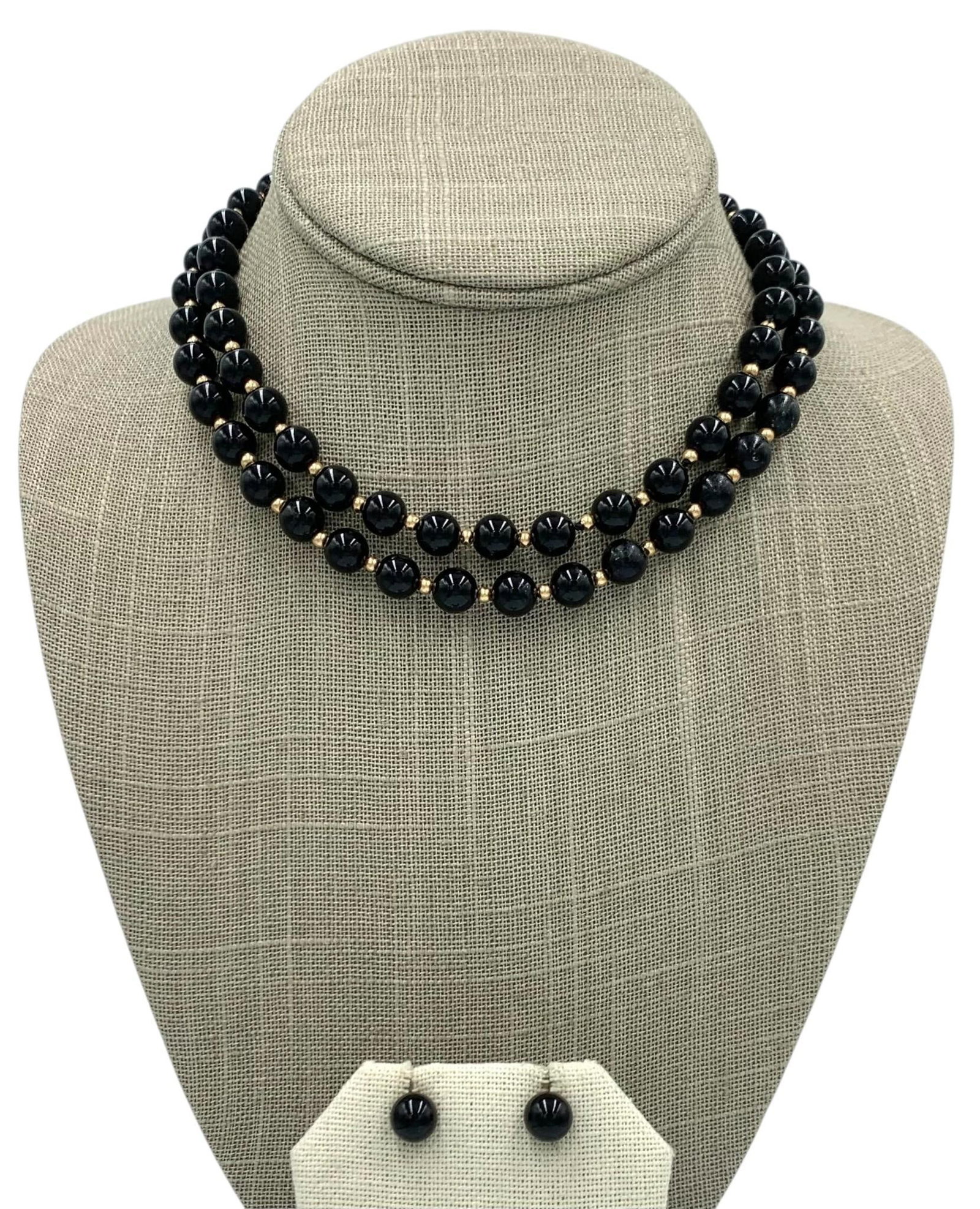 Timeless 14k Yellow Gold Polished Onyx Bead Necklace and Earring Set (1 of 8)