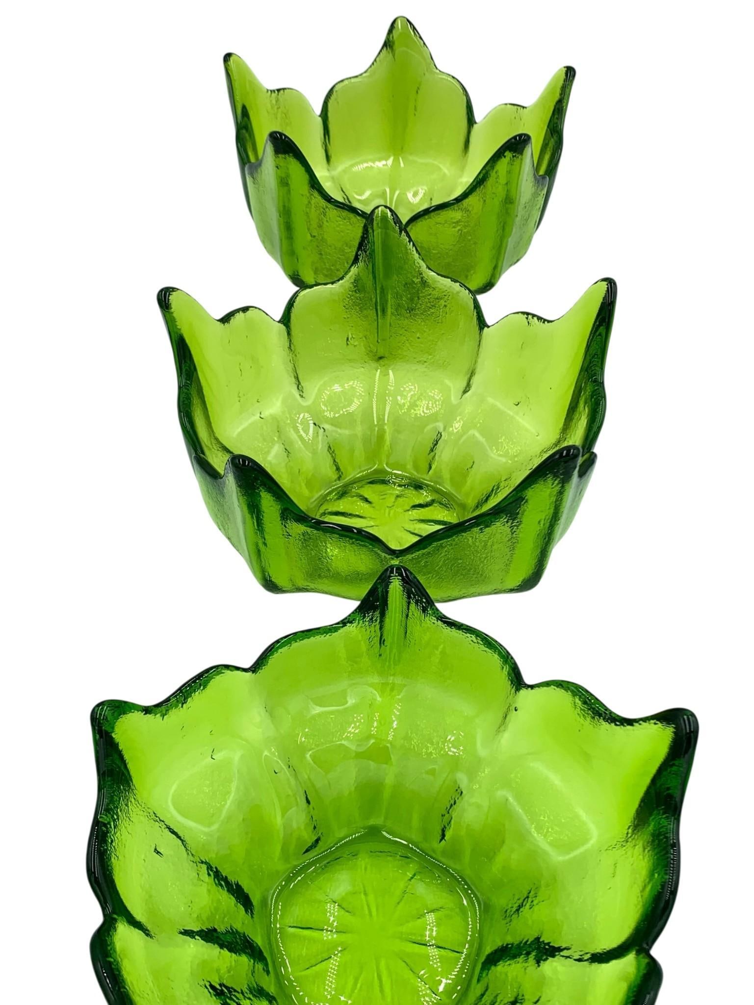 3 Mid Century Viking Epic Stockholm Spiked Lotus Lime Green Wayne Husted Art Glass Bowls: Trio of vintage Viking glass lime green Lotus bowls, 7in34; x 4 1/2in34;, 6 3/4in34; x 4in34;, 6 1/2in34; x 3in34;, incredible hue with no structural issues. ?