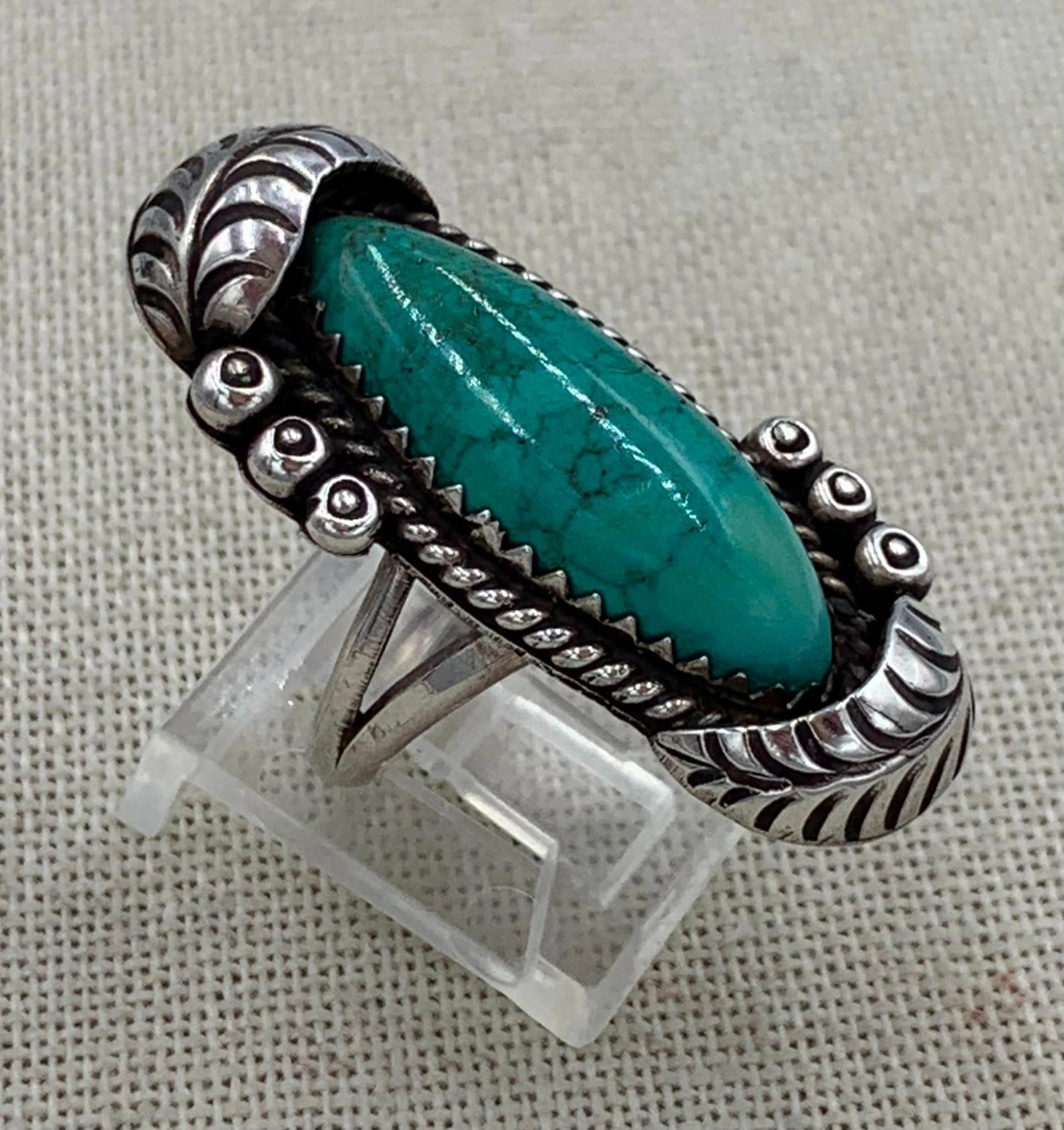 Vintage Native American Indian Crafted Elongated Sterling Silver Turquoise Cabochon Ring (1 of 7)
