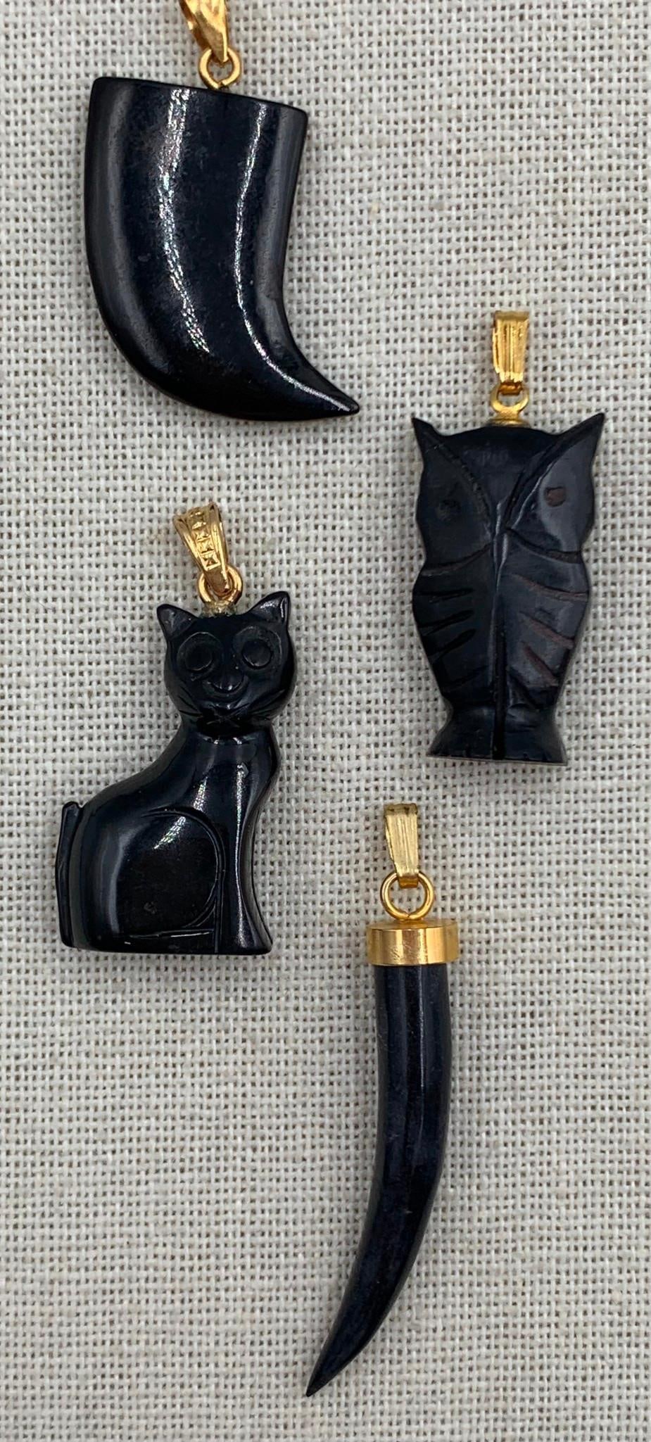4 Mid Century Hand Carved Owl, Black Cat, Talon, Claw Onyx Necklace Pendants (1 of 5)