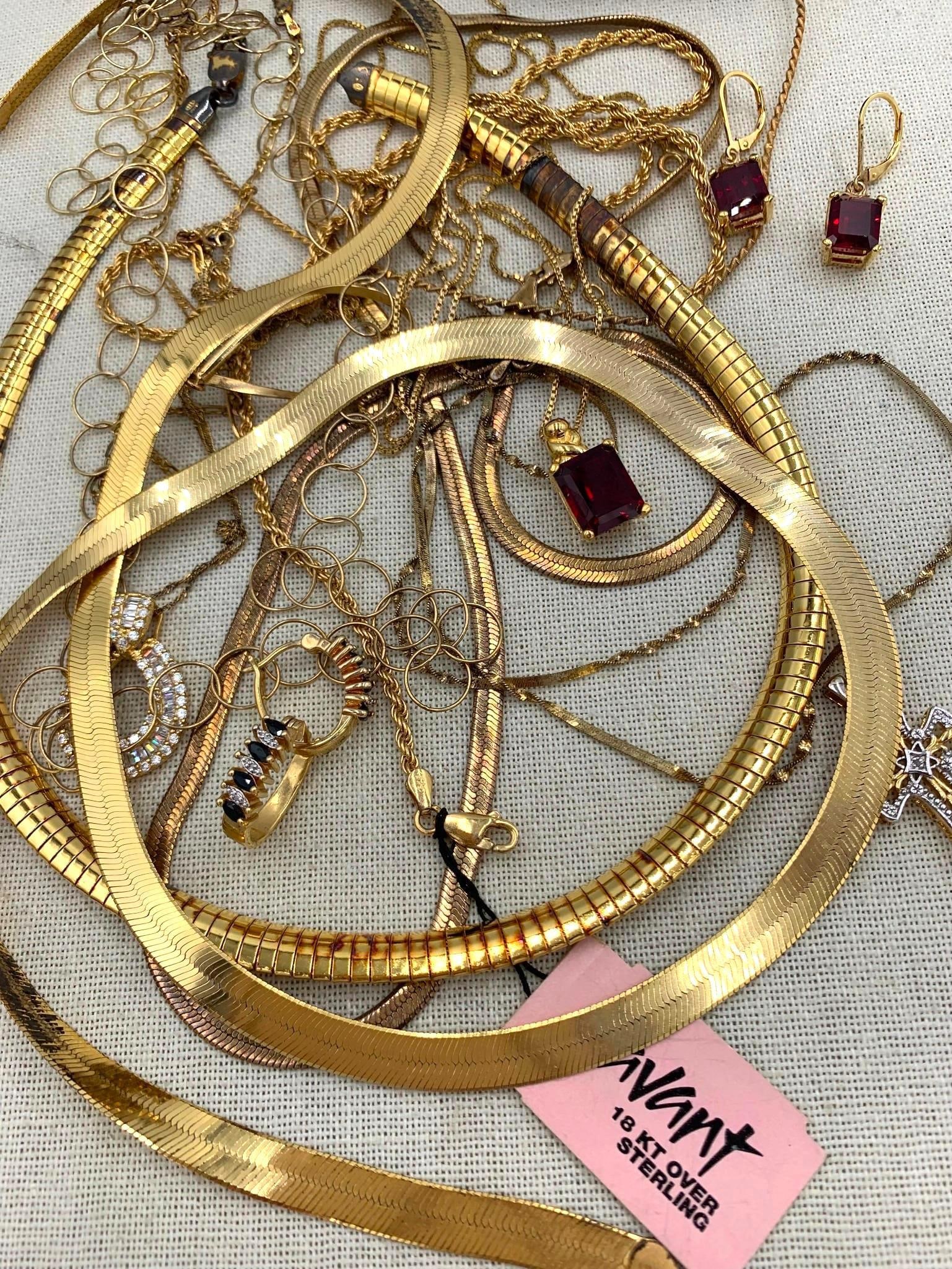 140 GRAMS of Gold Vermeil over Sterling Silver Jewelry: 925 hallmarks, some set with gemstones, Danecraft and Savant tags.