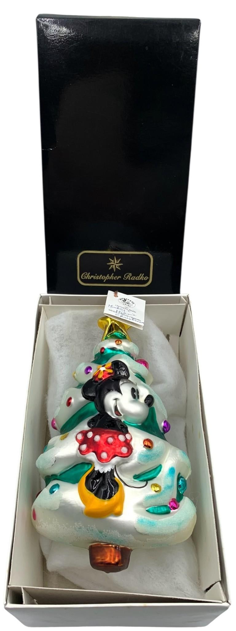 Christopher RADKO Mickey & Minnie Christmas Oversize Mercury Glass Holiday Tree Ornament with Box: 7 3/4" x 4", Radko embossed cap with no structural issues, accompanied by the original Christopher Radko box, hand writing on the hang tag and near the sticker on the underside of the box.