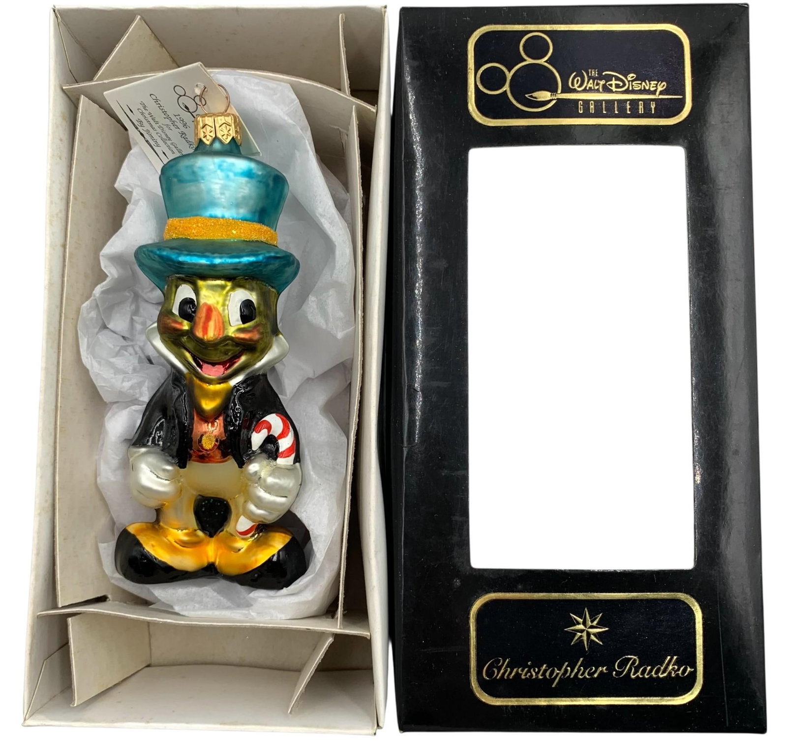 1996 Christopher RADKO Walt Disney Jiminy Cricket Mercury Glass Christmas Ornament with Box: 5 7/8" height, original paper tag and box, no structural issues.