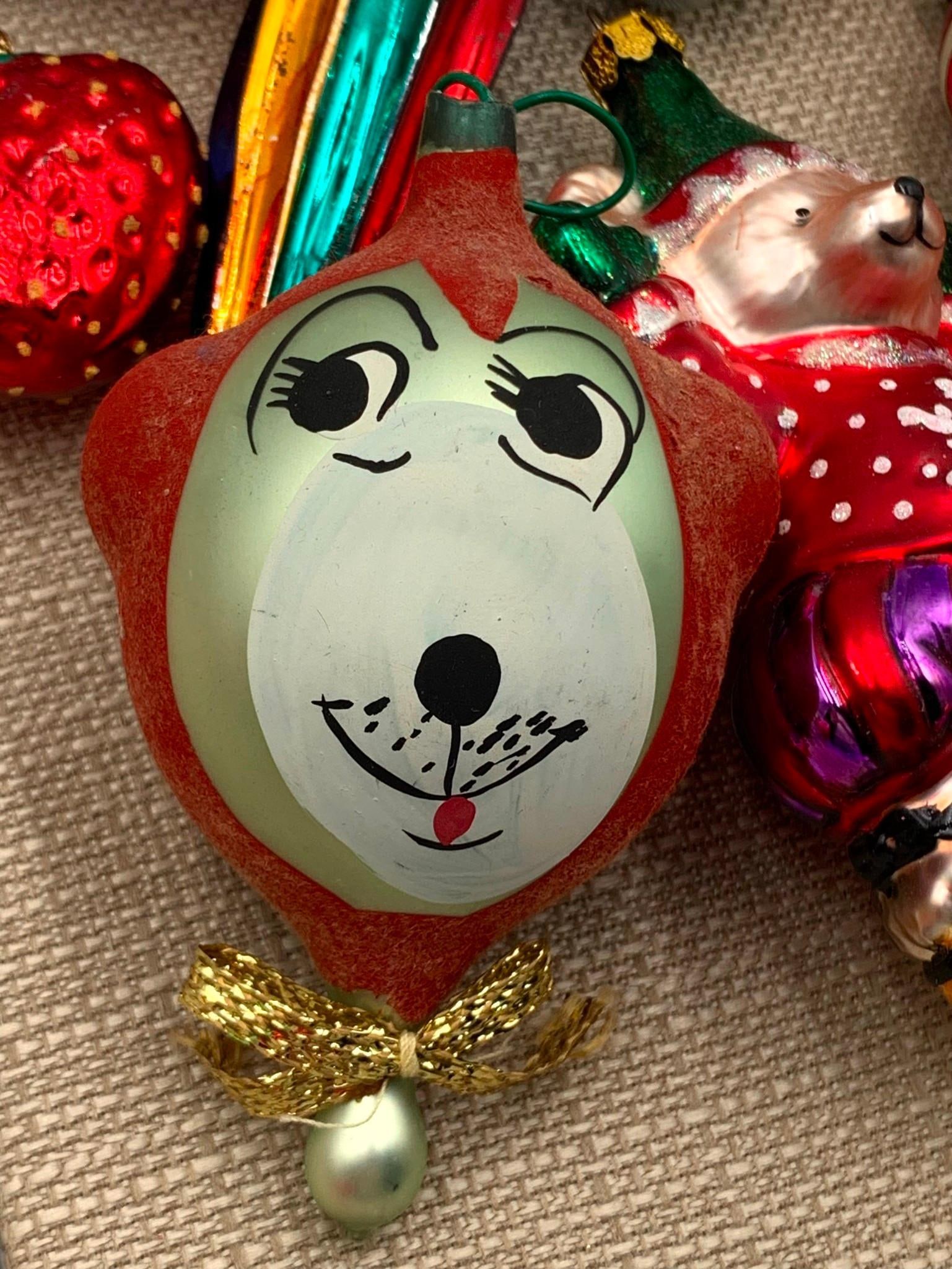 28 pc Vintage Classic Red and Green Mercury Glass Christmas Tree Ornament Collection: Early hand painted flocked whiskered pup, triple indent, glittered, stenciled, bell, tree and teddy shapes, atomic, marquise and elongated glass, Campbell's Soup kid and more!