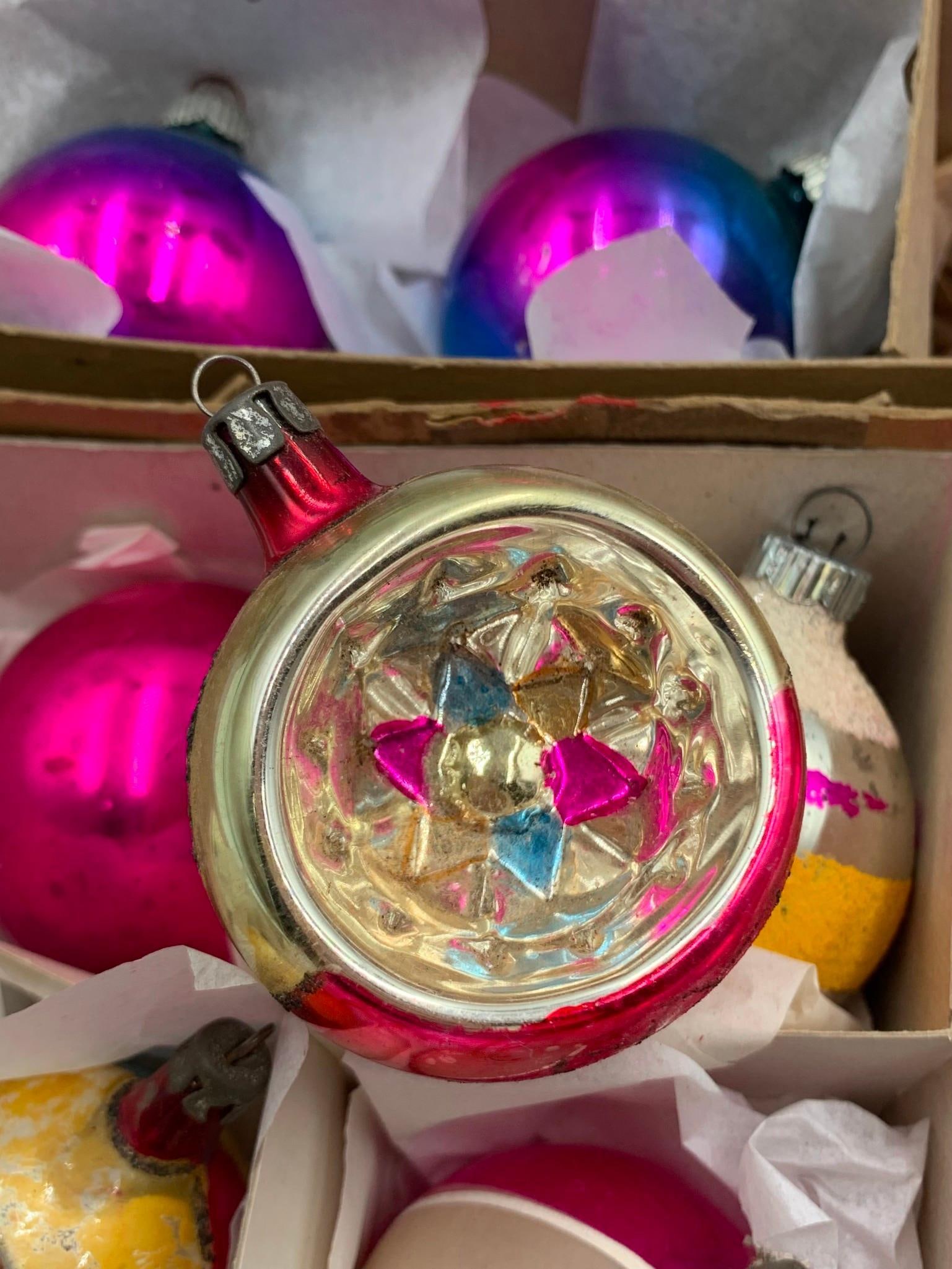 25 Mid Century Hot Pink, Magenta Cobalt Ombre, Striped, Indent, Glass Christmas Tree Ornaments (1 of 12)