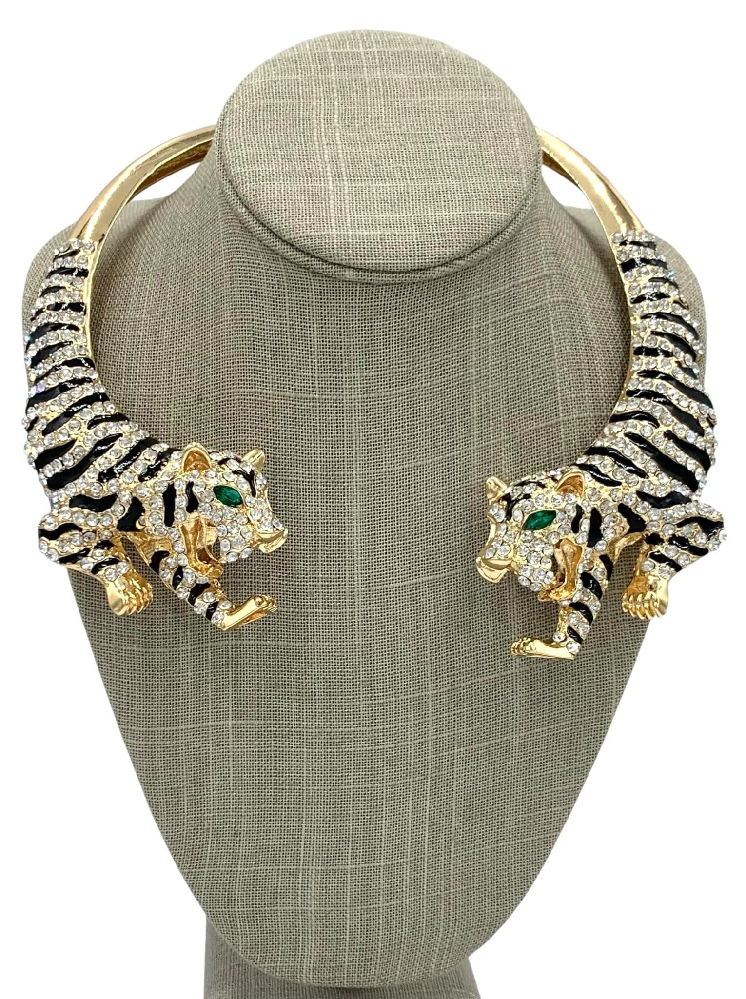 Superb Sparkling Rhinestone Pave & Enamel Roaring Double Tiger Statement Collar Necklace (1 of 12)