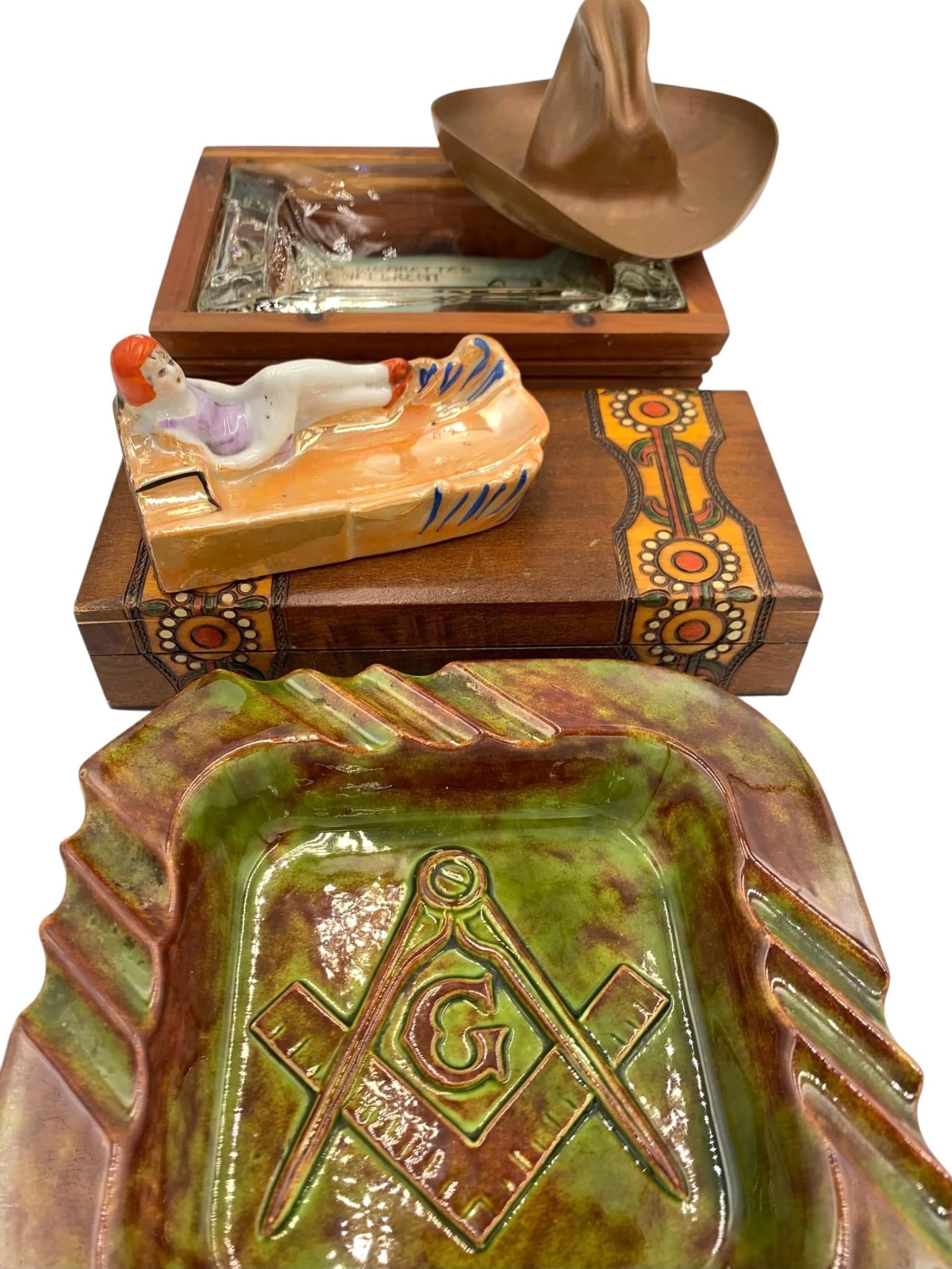 5 pc Vintage Polish Folk, Masonic, Cedar Point, Copper Cowboy & Flapper Cigarette Box & Ashtray Lot: * Mid Century Cedar Point souvenir ashtray, cedar wood frame, clear glass insert and tongue in cheek Pup cartoon litho * Ceramic masonic 6 1/2in34; x 6 1/2in34; gentlemanin39;s ashtray * Made in Polan