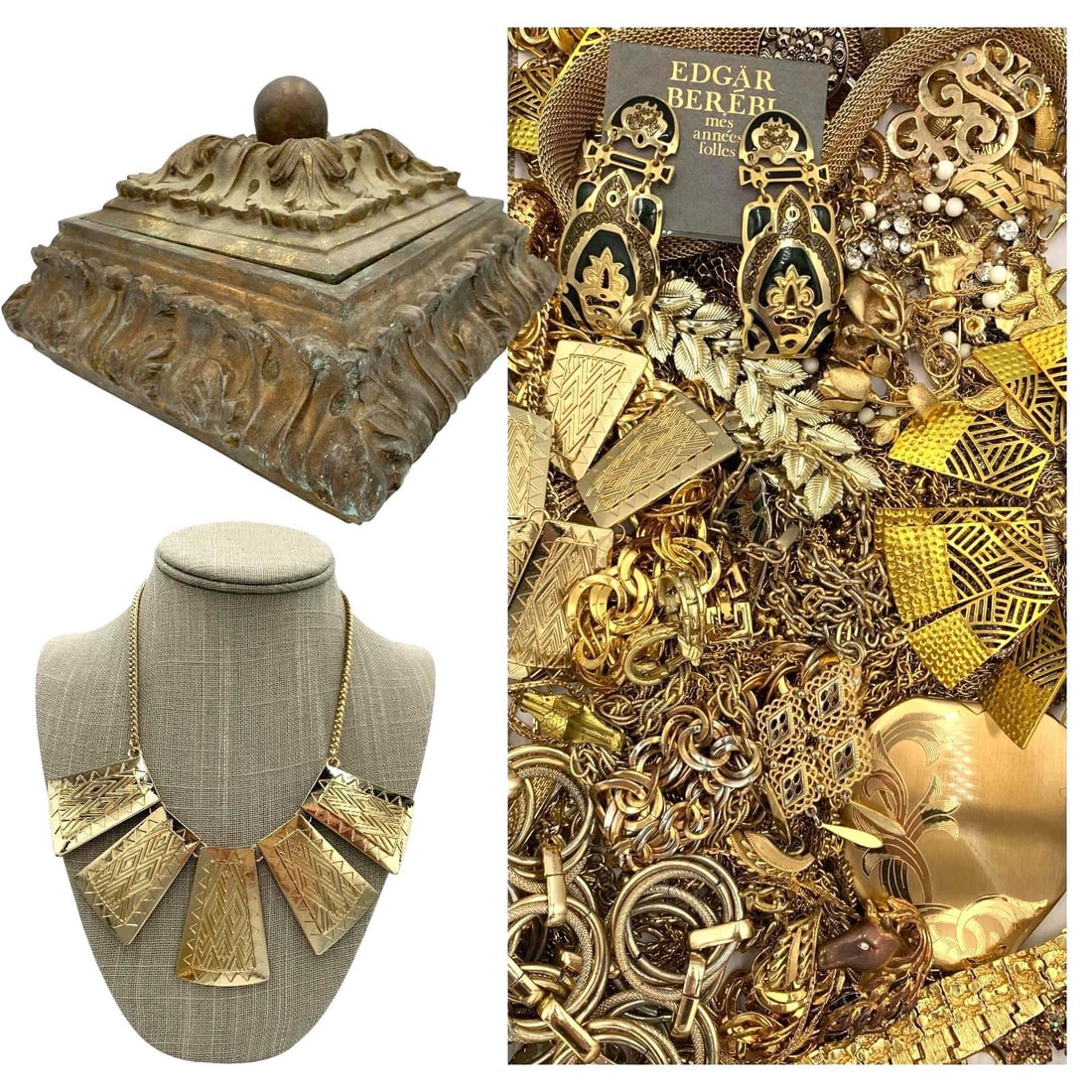 4.5 POUNDS Coro, Trifari, Monet, Austria, Sarah Cov Vintage Jewelry, Compact & Jewel Box Collection: Fantastic vintage designer collection, many pieces marked, a few with old Macy's tags and a Trifari tag, one Mid century Elgin American compact in the mix of jewelry, ornate 9 1/2" x 9 1/2" velveteen 