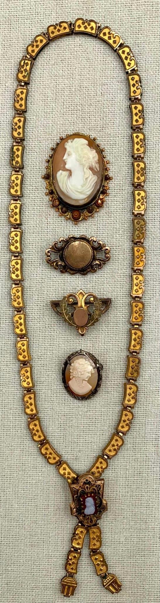 5 pc Antique Victorian Book Chain Cameo Necklace, Shell Cameo Brooch/Pendant Jewelry Collection: * 800 Silver mark shell cameo pendant/brooch, 24x19mm, a few thin hairlines visible when held to bright light * Antique?Victorian book chain?necklace, carved natural stone cameo, remnants of gold gild