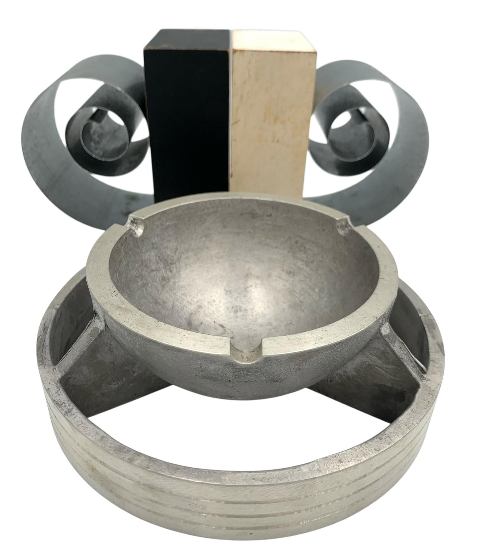 Pair Art Deco Coiled Metal & Wood Bookends & Modernist Smoking Lounge Atomic Aluminum Ashtray (1 of 10)