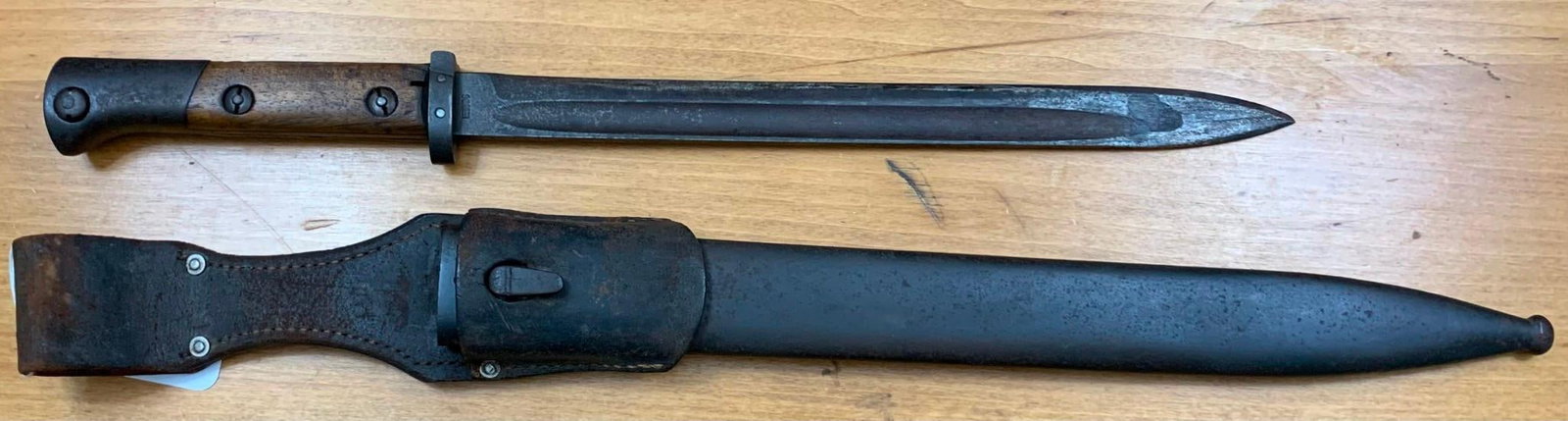 WWII German Czech CSZ over O VZ-24 Mauser Bayonet with Scabbard & Leather Frog: Koserstein ---Berg/Warth- 1940 stamped on the rear of the scabbard's leather frog, CSZ over O, EW26.
