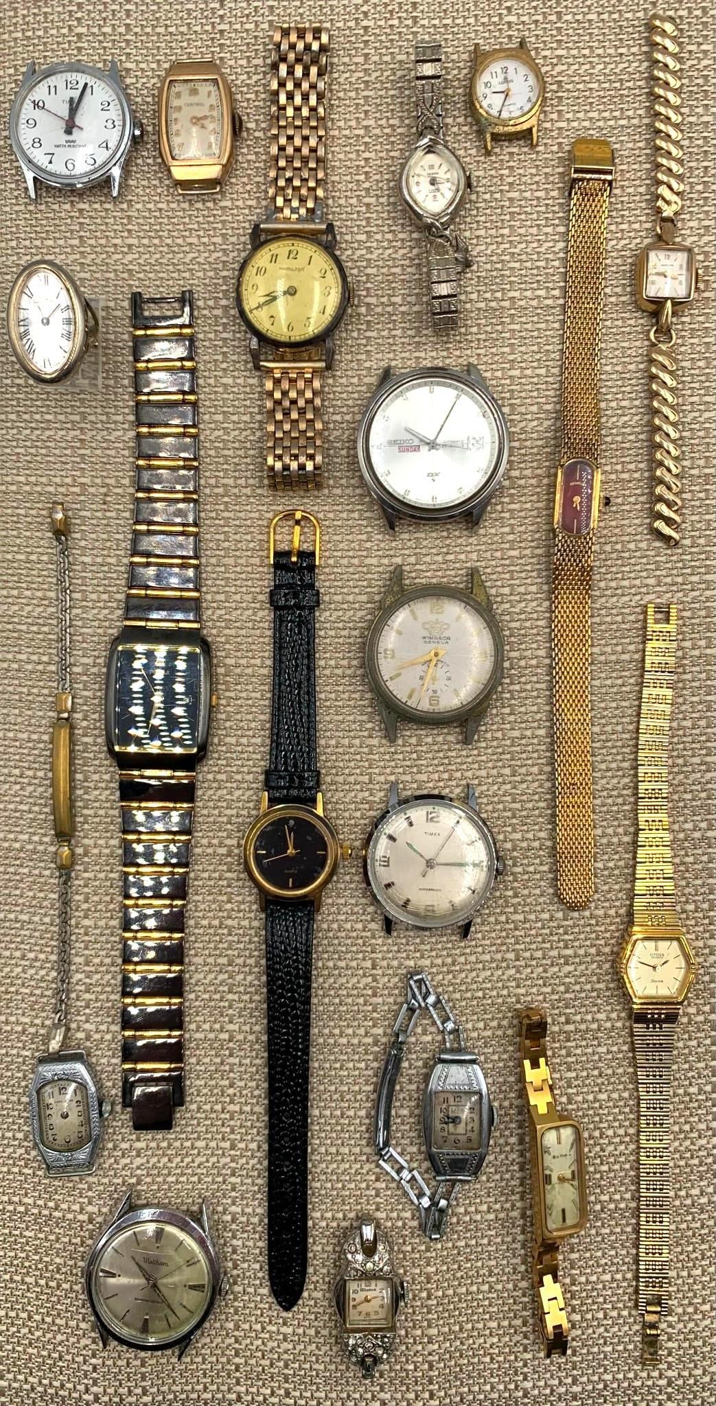 19 pc Vintage Bulova, Winton, Windsor, Tegra, LACO, Waltham, Seiko, Benrus Wristwatch Collection: 10k RGP, Stainless, 1/20th 12k Gold filled, Art Deco era to 80s, with various stages of wear to the materials.