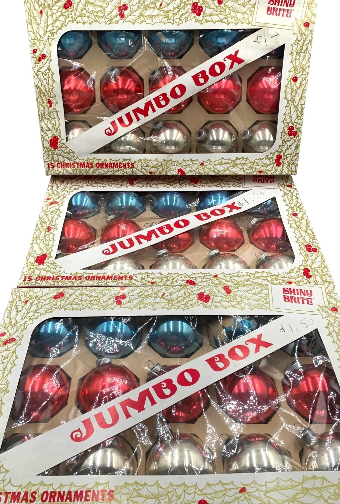 36 pc Mid Century Shiny Brite Red White & Blue Mercury Glass Christmas Tree Ornaments in Boxes: Trio of Shiny Brite boxes holding 36 glass bulbs, Shiny brite embossed caps on all but 1 bulb, two of the ornaments are detailed with glitter and stencil designs, 2 1/2" size, old tape and shelf 