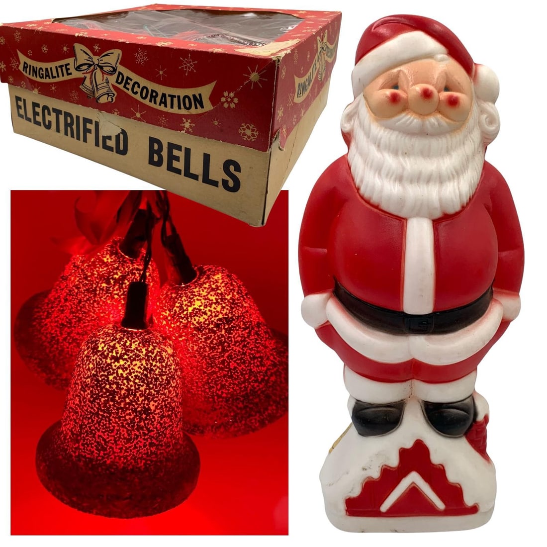 Mid Century Red Glitter Light Up Bells & Empire Santa Blow Mold Christmas Holiday Decorations: 14" Empire illuminated Santa blow mold (needs new bulb) with original cord and Empire label, Ringalite electrified bell decoration with the original box, trim and cord.