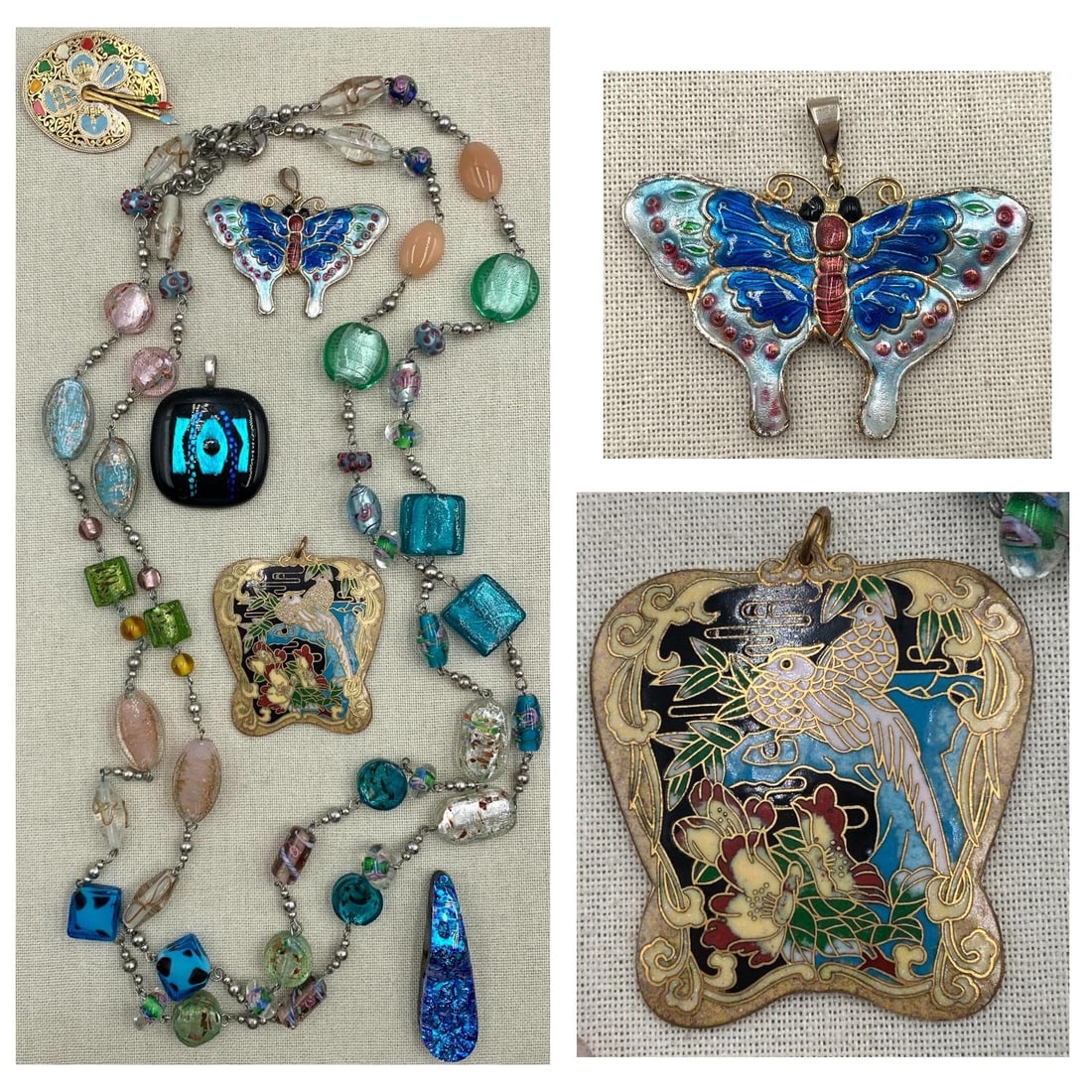 7 pc Vintage Chinese Cloisonne Bird, Butterfly Pendant, Damascene Brooch, Art Glass Jewelry Pieces: .