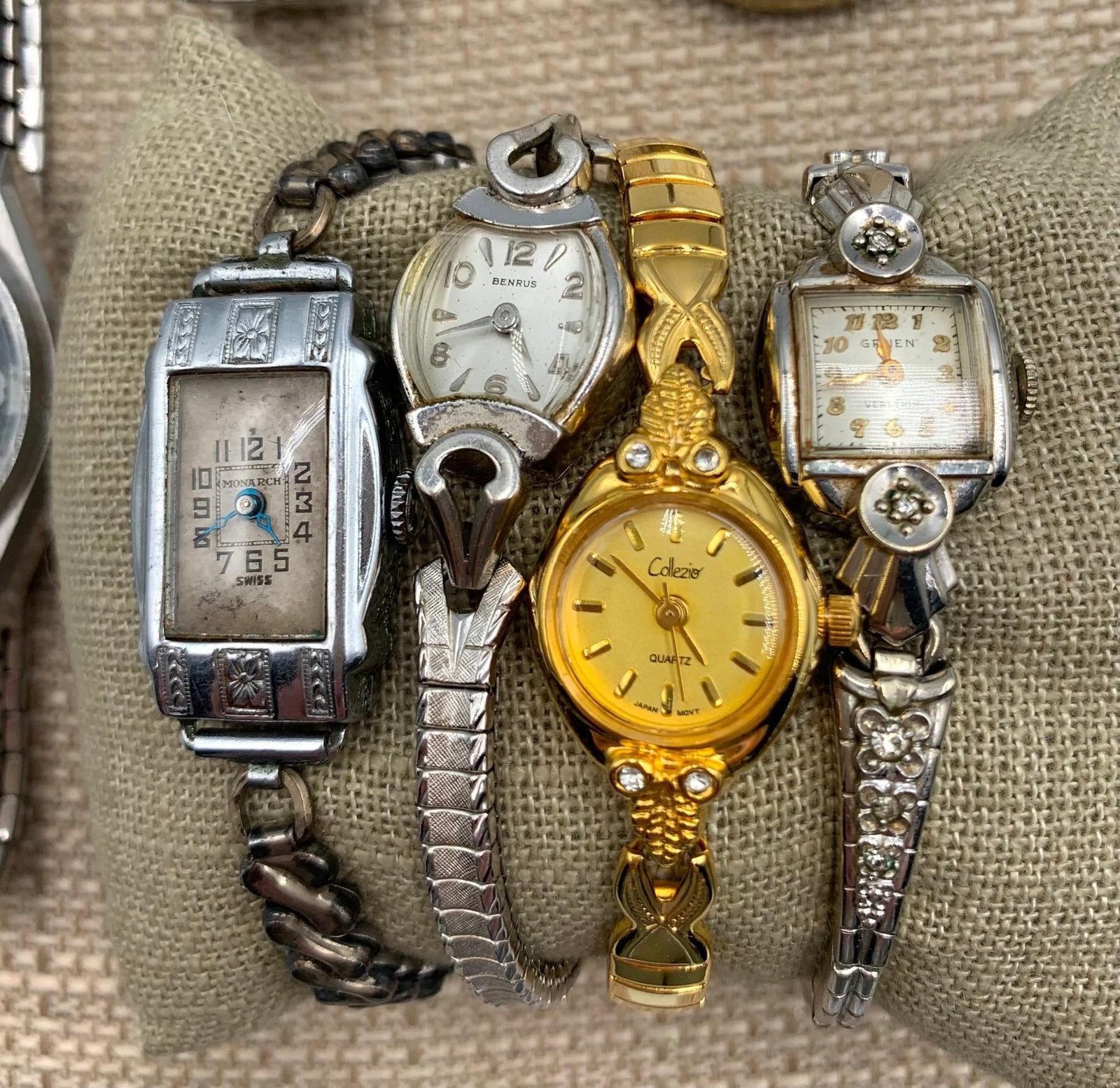 16 pc Vintage Seiko, Monarch, Westfield, Benrus, Gruen, Jubilee, Helbros Watch Collection: Enicar Deluxe, Gruen 10k gold filled, Benrus 10k RGP, Sentinel, Eastman, Orion, Best 17 jewel, Timex, Art Deco Pussac (?), quartz models need fresh batteries, for repair or repurpose.