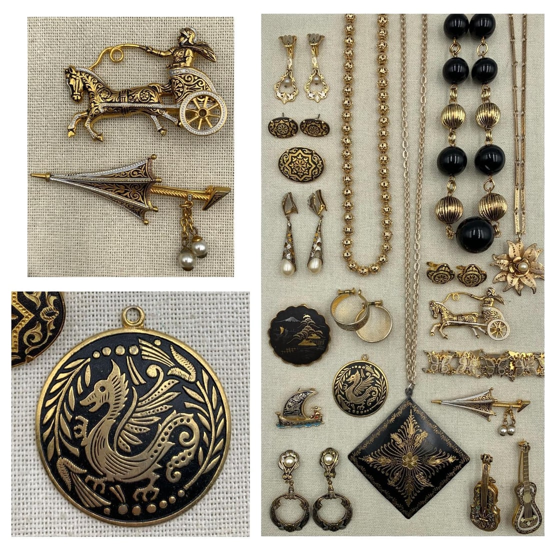25 pc Mid Century Spanish Damascene, Trifari, Dragon, Butterfly, Roman Chariot Jewelry Collection: Fantastic variety of vintage adornments, marked Spain, India, openwork gilded bead Trifari, faux pearl accents, Beautiful!