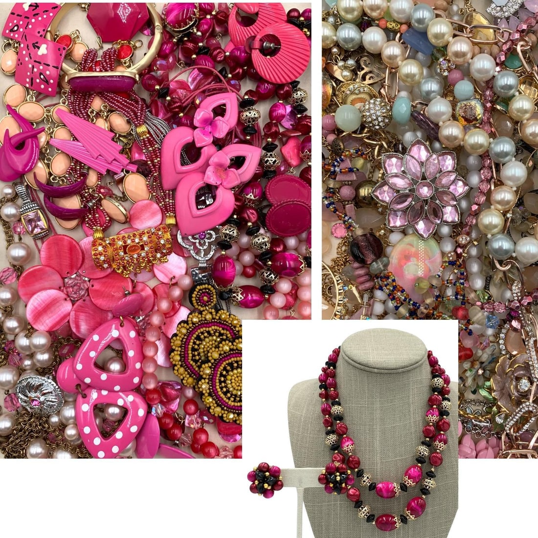 3 POUNDS of Radiant Blush Pink to Fuscia Costume Jewelry: 80's oversize earrings, KJL style faux pearl choker, mother of pearl, crystals and polished natural stones, glittering sequins and rhinestones, glass seed beads, glitzy Mid Century Korean cocktail nec