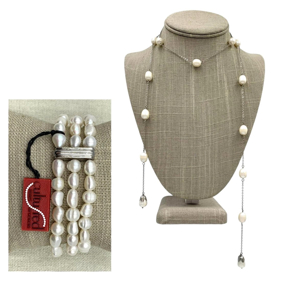 Glorious Baroque Freshwater Pearl Lariat Wrap Station Necklace & Honora 925 Pearl Bracelet: * 39 1/2in34; single length station necklace with large 10mm organically shaped freshwater pearls, pearl drops capped at each end, Sterling chain and findings * 925 hallmark, Honora tag, triple strand