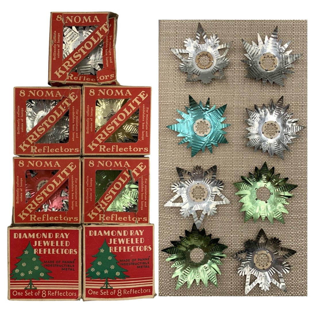 53 Mid Century NOMA Kristolite, Diamond Ray, Jeweled Metal Christmas Light Reflectors with Boxes (1 of 9)