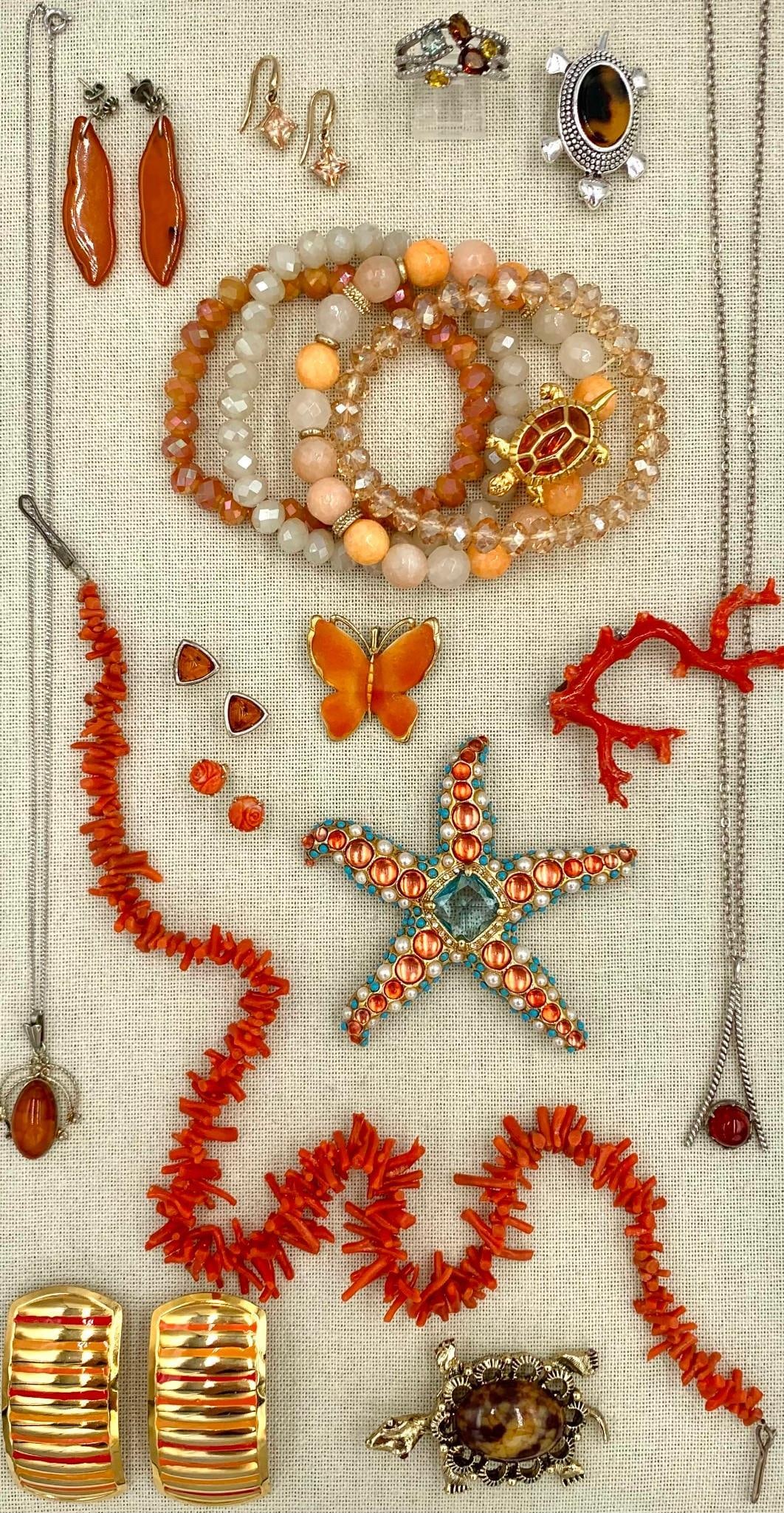 24 pc Kenneth Jay Lane, Coral, Turtles, 14k Gold, Sterling Silver, Amber, Jewelry Collection: 925 hallmarked modernist baltic amber pendant on 19" Sterling silver chain, amber slab and 925 hallmarked triangular stud earrings, 14k hallmarked Gold and carved Coral rose earrings, vintage Coral ne