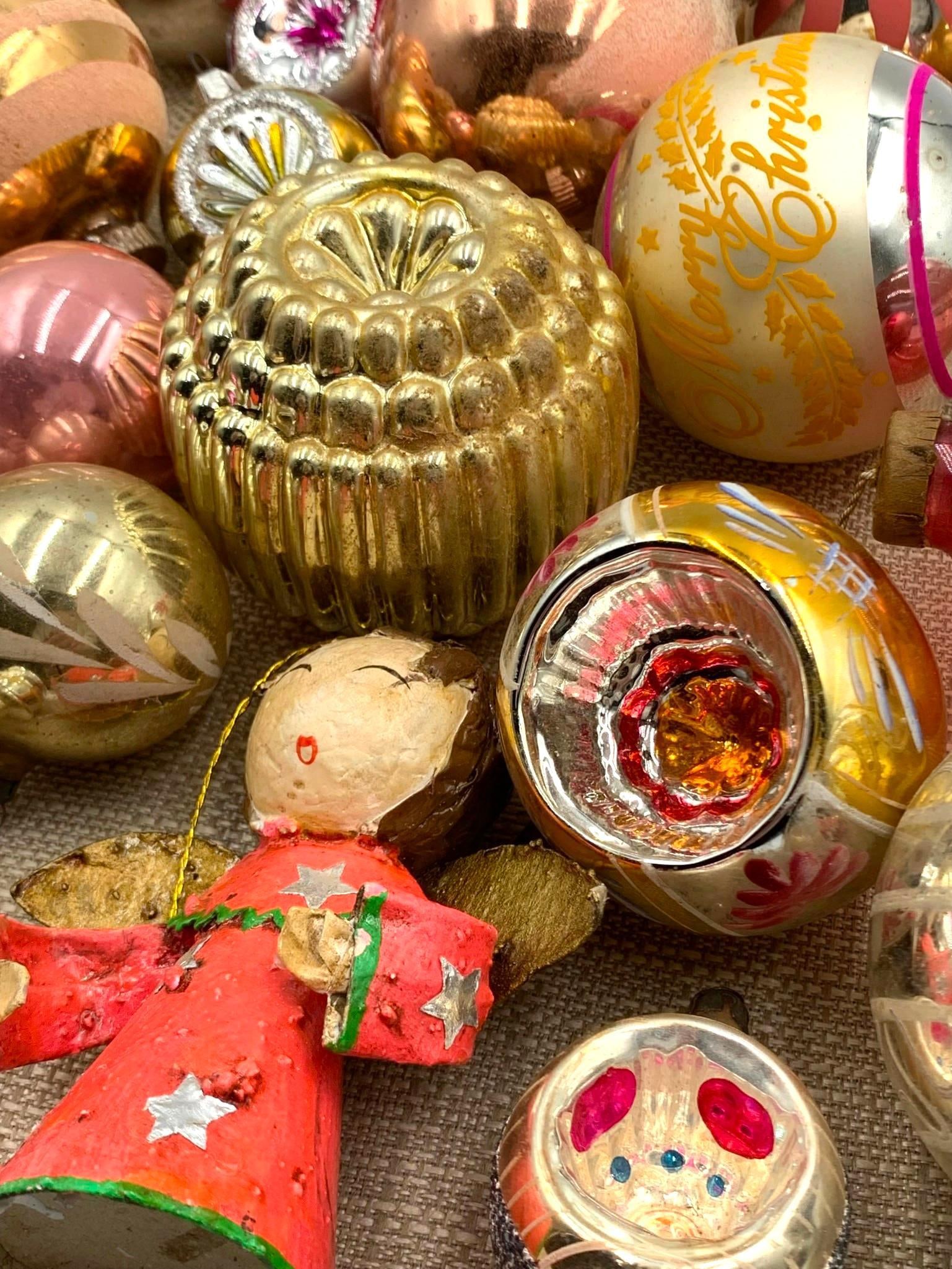 29 Vintage Blush Pink, Gold & Silver Mercury Glass, Papier Mache, Indent Christmas Ornaments (1 of 12)