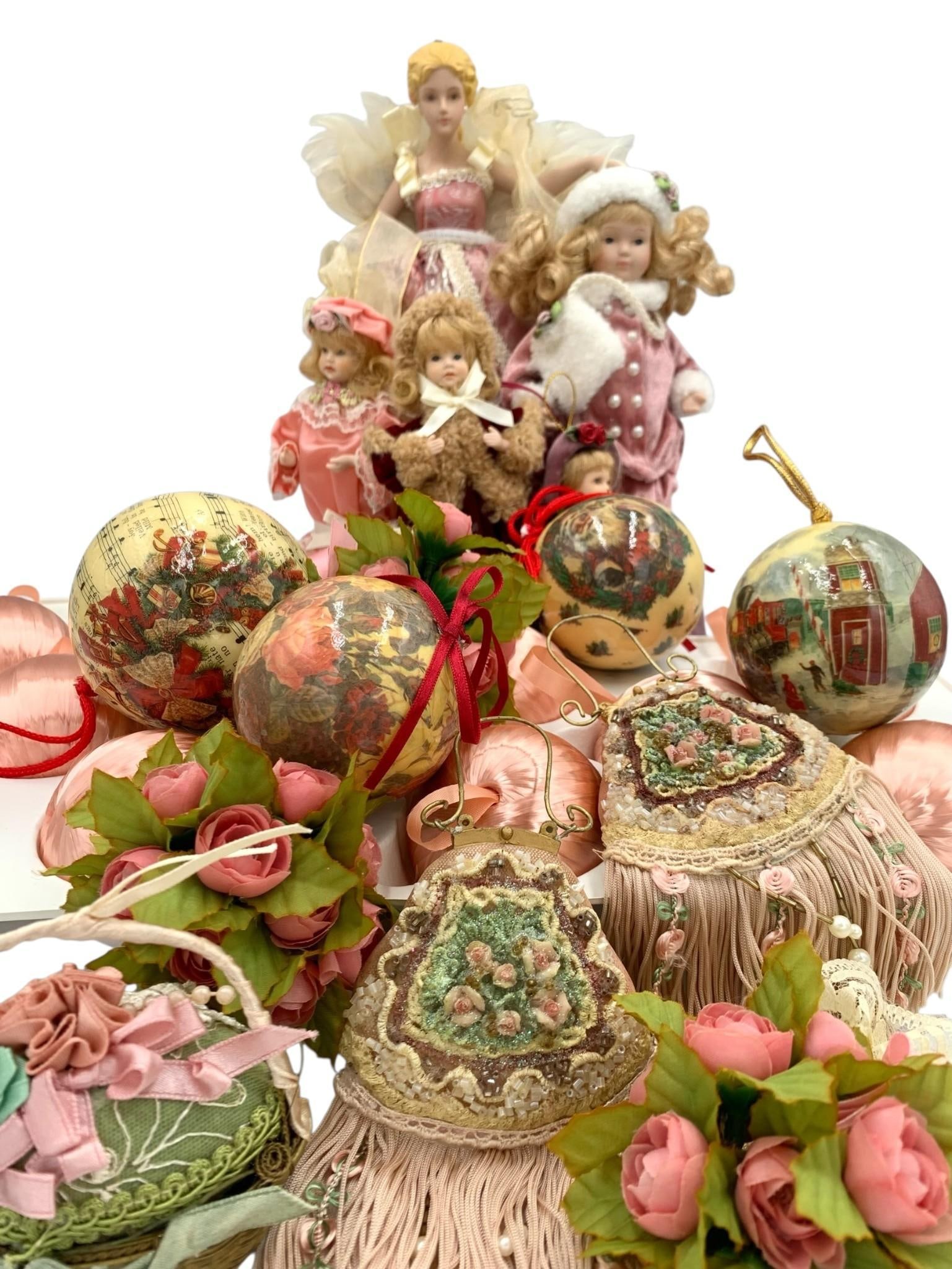 35 pc Vintage Victorian Style Porcelain Dolls, Satin Wrapped, Papier Mache, Christmas Tree Ornaments: 20 apricot hued satin wrapped ornaments, a bevy of Victorian style dolls and 12" angel tree topper, papier mache bulbs, rose bouquets and jeweled tasseled ornaments. 