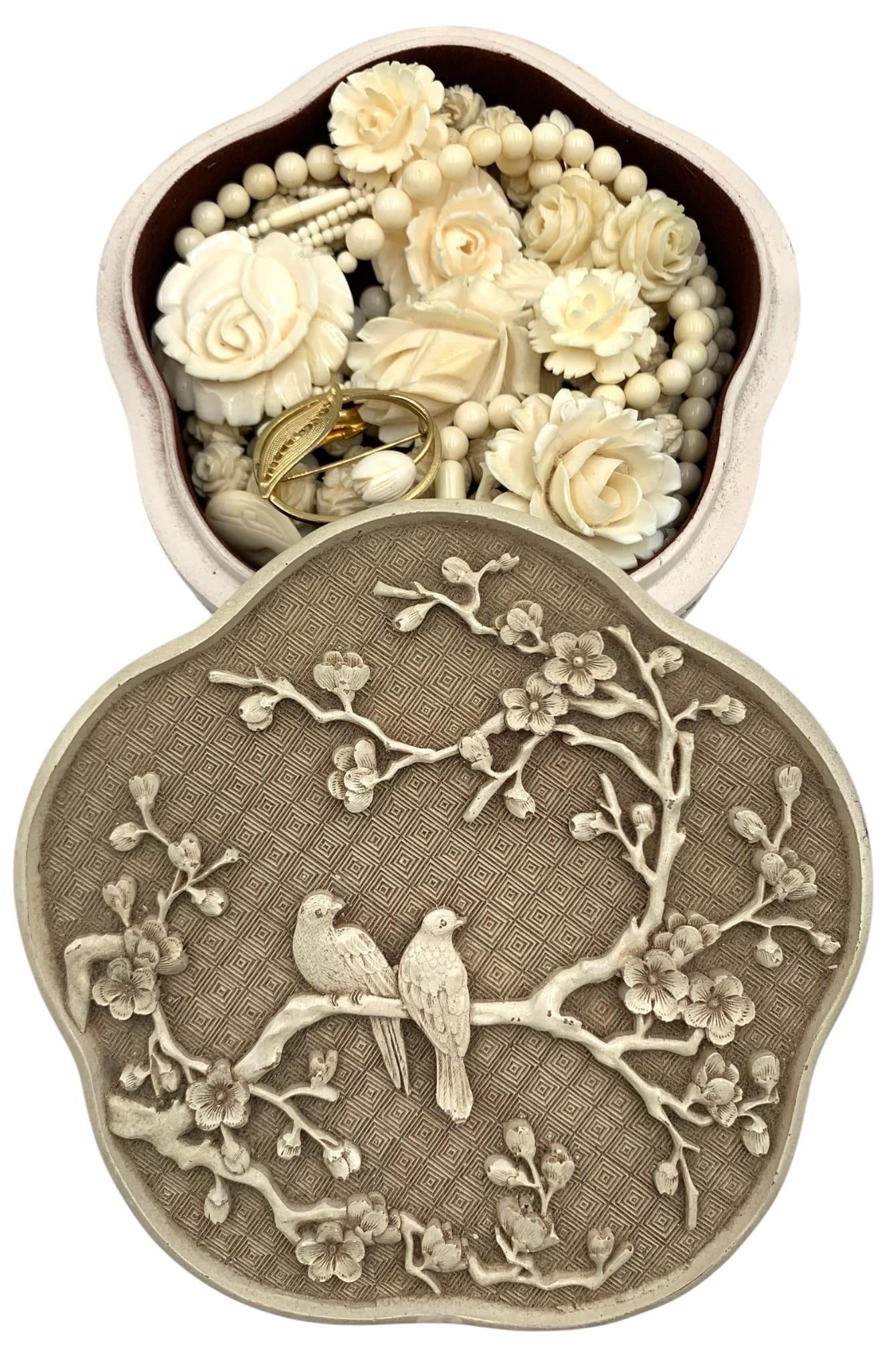 16 pc Hand Carved Jewelry Collection in Cream Ivory Dynasty Chinese Faux Cinnabar Jewel Box: Flocked velveteen interior, intricate bird and floral detailing, 5 3/4" x 2", full of fantastic hand carved natural material and created adornments.