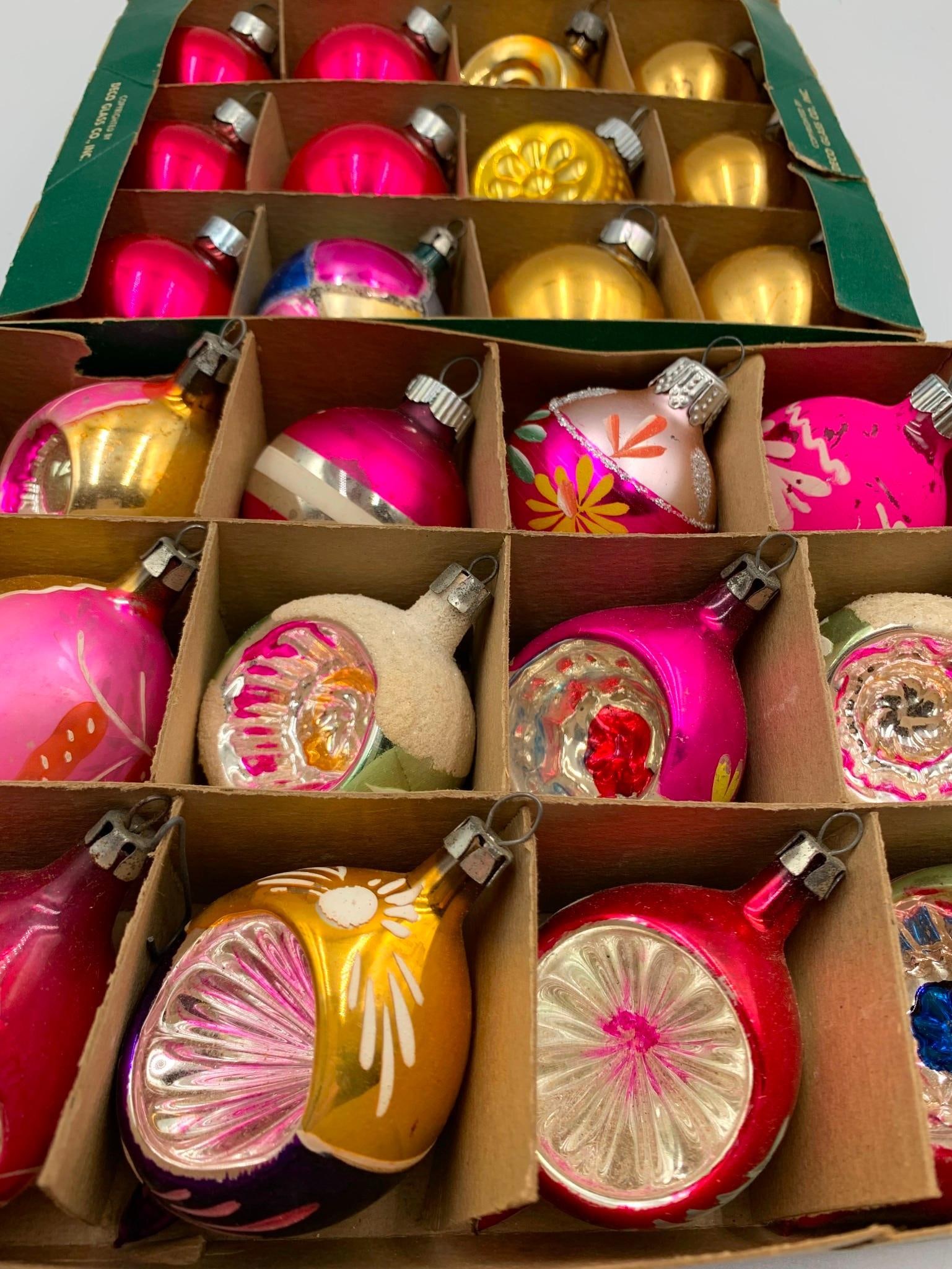 24 Fancy Petite Mid Century Mercury Glass Christmas Ornaments: One early ornament box and the base of a old Shiny Brite box, beautiful vibrant hues, ornate indent and double indent designs, stenciled, glitter trimmed, 1 1/2" to 3 1/2" lengths.