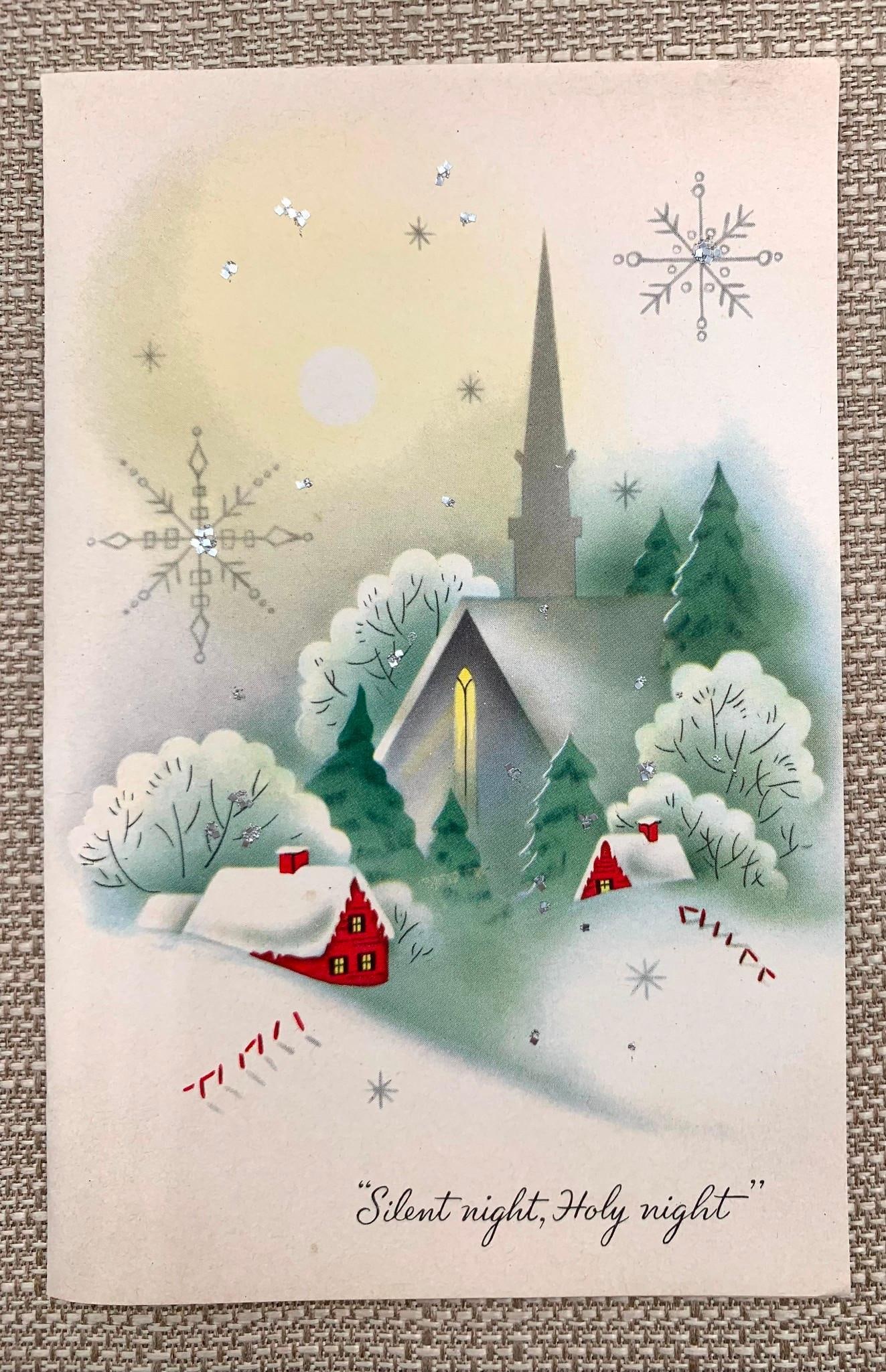 143 Mid Century Christmas Cards, Envelopes & Trio of Old Boxes: 74 Christmas cards, 69 envelopes and three Mid Century era card boxes, 45 are of one design (church winter scene) with a personalized name printed on each of the unfolded cards - one folded as shown),
