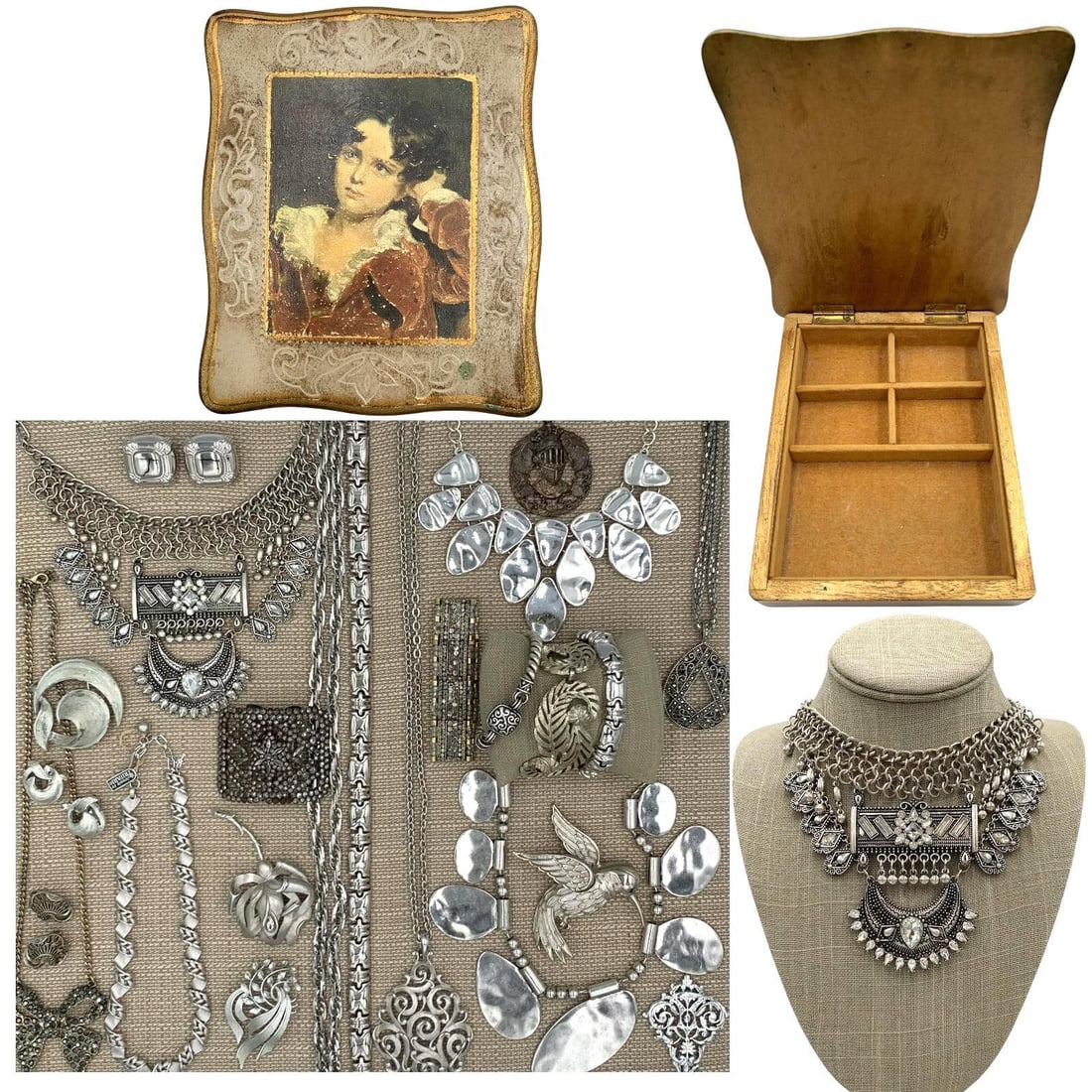 26 pcs Trifari, Lisner, Vendome, Monet Mid Century Silver Jewelry with MCM Italian Wood Jewel Box (1 of 20)