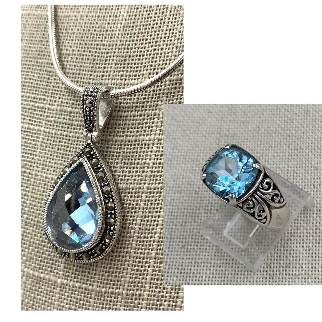 Superb Blue Topaz, Marcasite, Sterling Silver Pendant and Cushion Cut Topaz Ring (1 of 18)