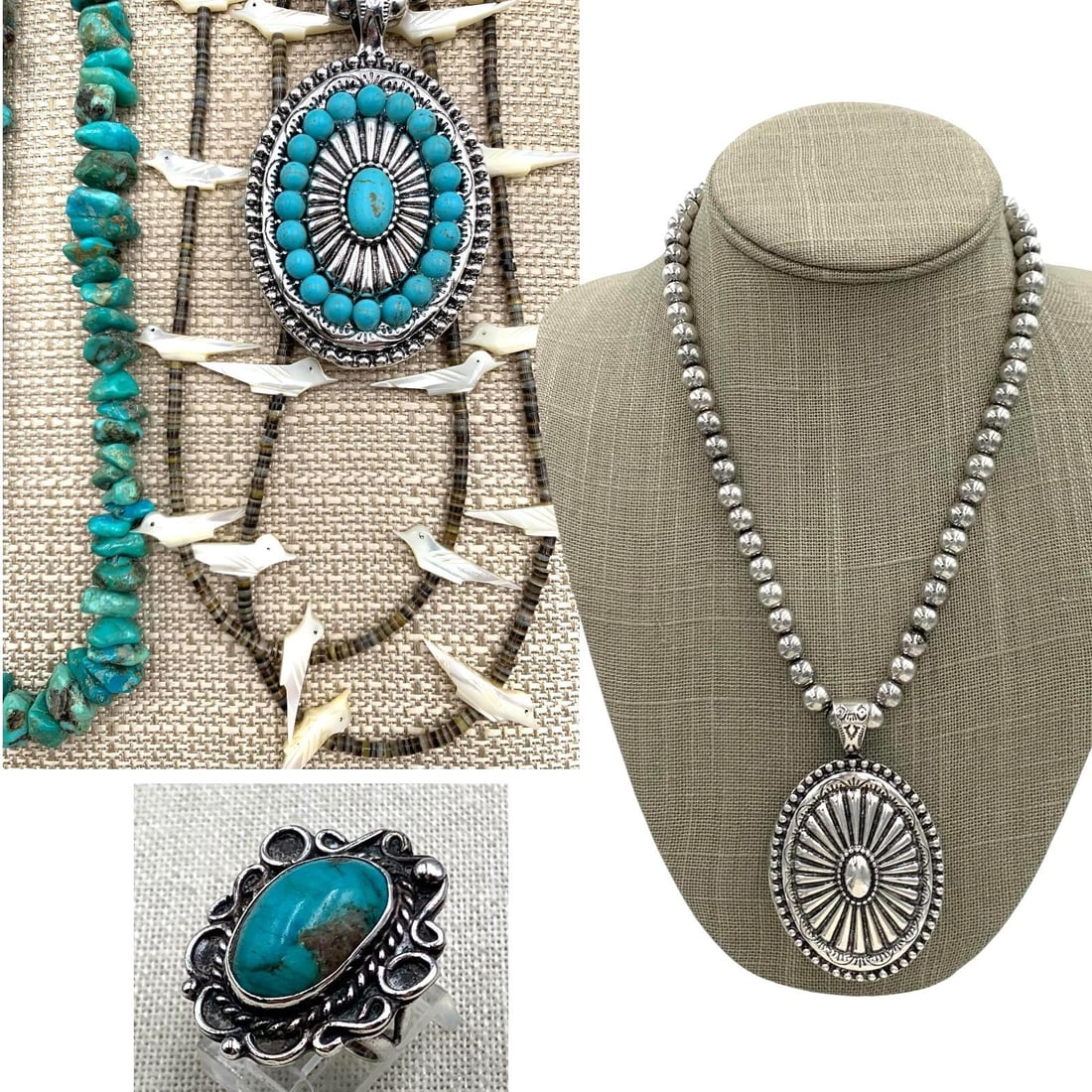 12 pc Turquoise, Heishi Shell MOP Bird Fetish, Native American Indian Silver Ring, Southwest Jewelry: * Vintage Native American Indian crafted Turquoise and Sterling Silver ring, size 5, 9.17 gram weight, 17x12mm cabochon, some distortion to the rear of the silver band * 19 1/2in34; length tumbled Tur