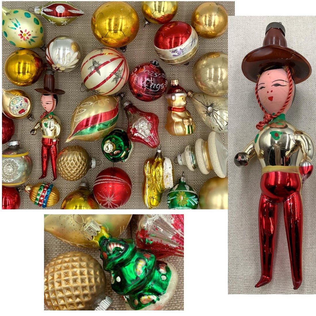 41 Vintage De Carlini, Austria, Poland, West Germany, USA Ruby Red Mercury Glass Christmas Ornaments: 6" to 1 1/2" in size, one stenciled hard plastic ornament in the mix of glass, ribbed, glitter trimmed, striped, hand painted, the tip of one hand on the Cowboy De Carlini is absent as shown.