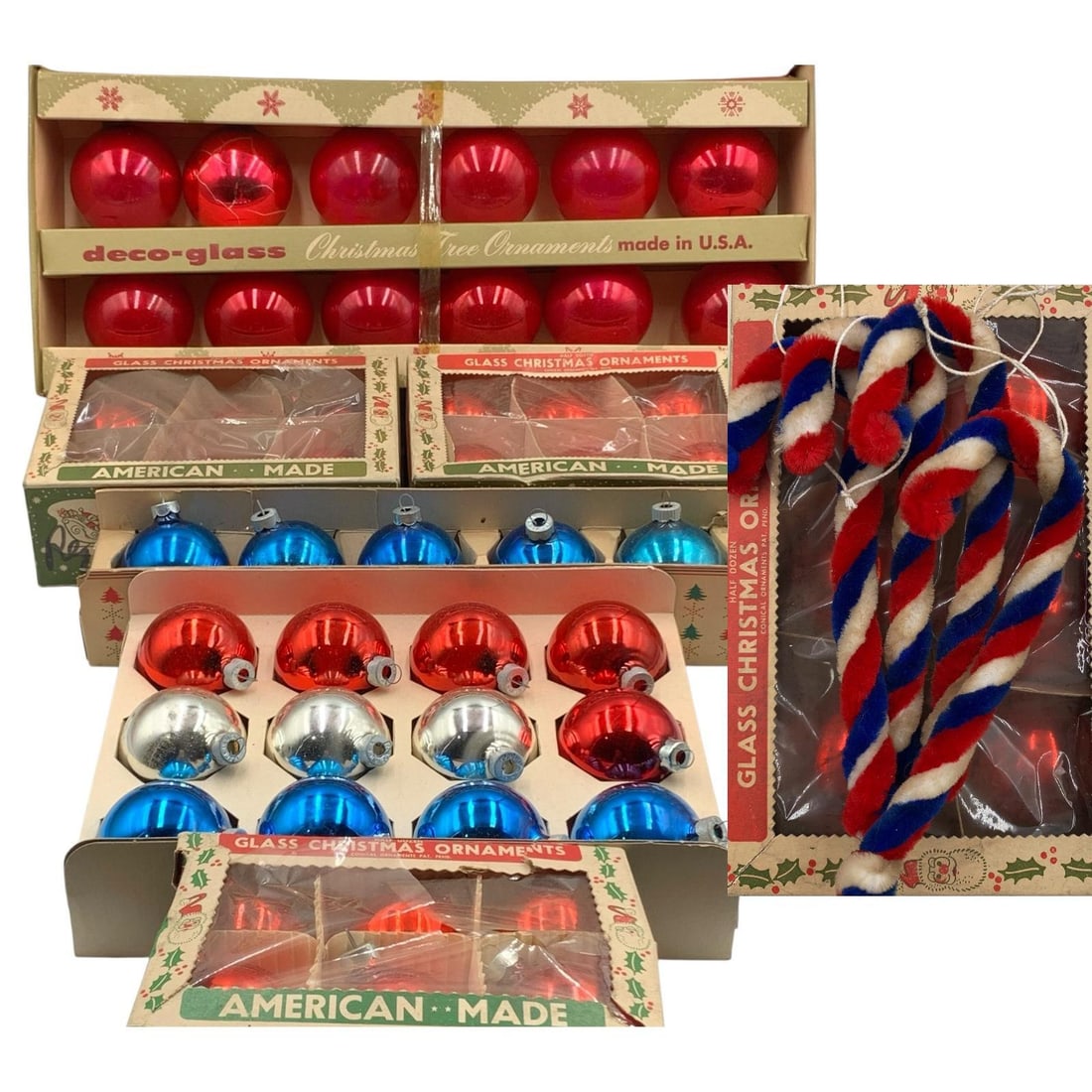 51 Mid Century Red, Silver & Blue Boxed Mercury Glass & Chenille Candy Cane Ornaments (1 of 14)