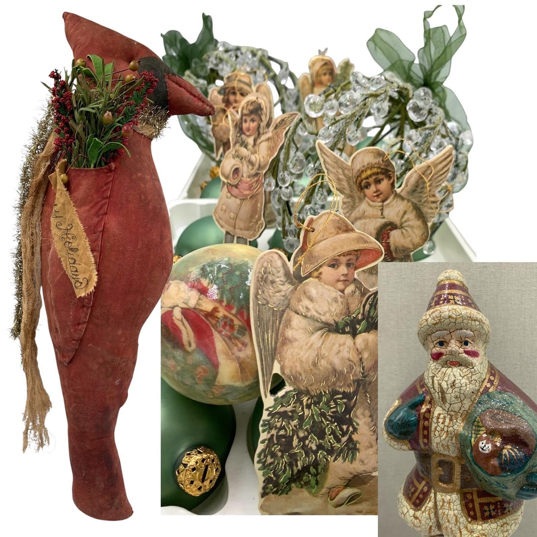 32 pc Primitive Old World Santa Claus, Paperboard Angels, Sage Glass, Christmas Cardinal Door Decor (1 of 20)