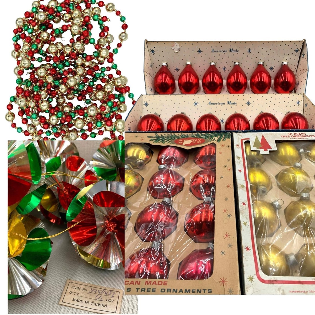 67 pc Ruby, Gold and Emerald Mid Century Glass Ornaments, Taiwan Foil and Christmas Tree Garland (1 of 8)