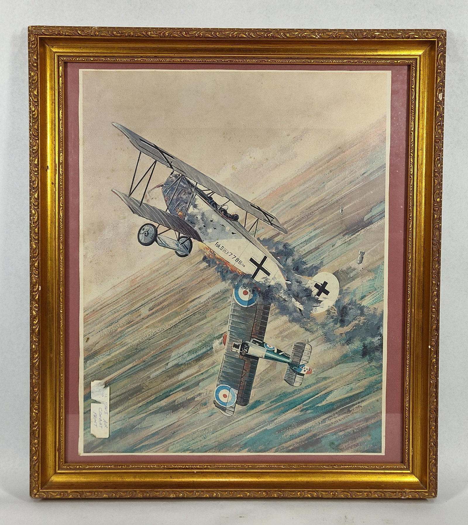 WWI Fokker vs Biplane Lithograph, 1967: 21x24. This color lithograph, attributed to artist Randy Mytar, depicts a dynamic World War I aerial combat scene. The illustration features a German Fokker D.VII (serial number Fok.D VII F 7786/18)