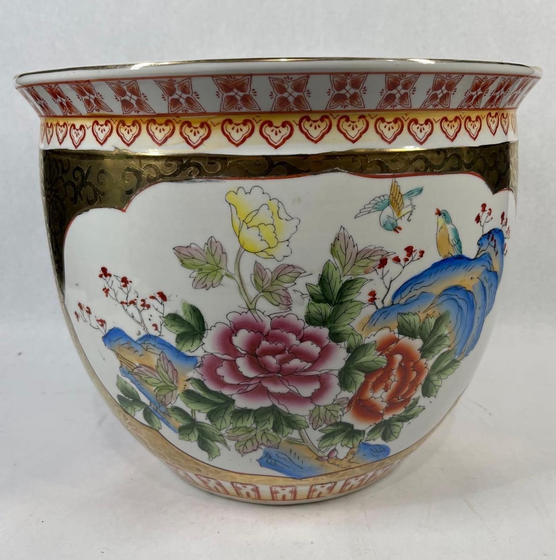 Chinese Satsuma Bird & Flower Fish Bowl: 11x14 This large Chinese export porcelain fish bowl or planter is decorated in the Satsuma style with extensive gilding, featuring a bird and flower motif consistent with late 20th-century production