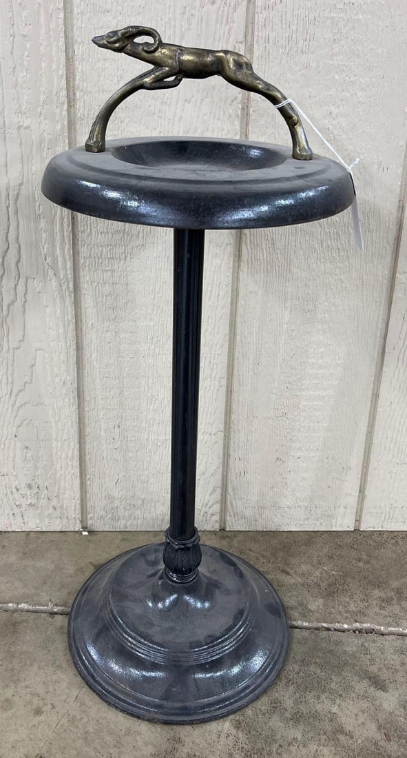 Art Deco Metal Floor Ashtray w/ Gazelle: 26x10.5 An Art Deco floor-standing smoker's stand or ashtray, circa 1930s. The piece is constructed from cast metal, likely iron or a similar weighted alloy, and features a dark gray or black