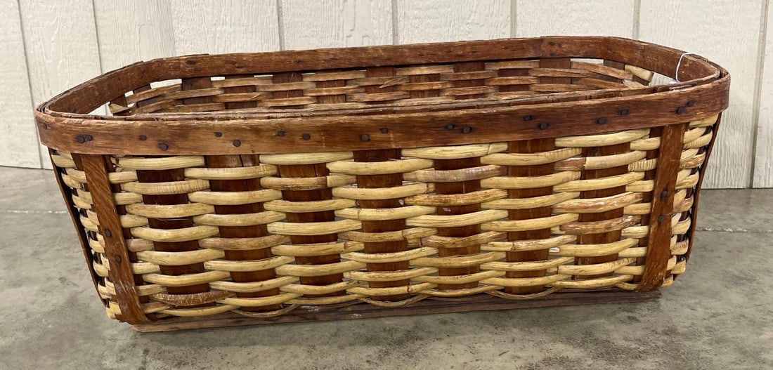Antique Reed & Steam Bent Oak Basket: 30.5x20x11 This large, rectangular American primitive storage basket was likely intended for heavy utilitarian use, such as bakery delivery, orchard harvesting, or industrial crate storage. It is