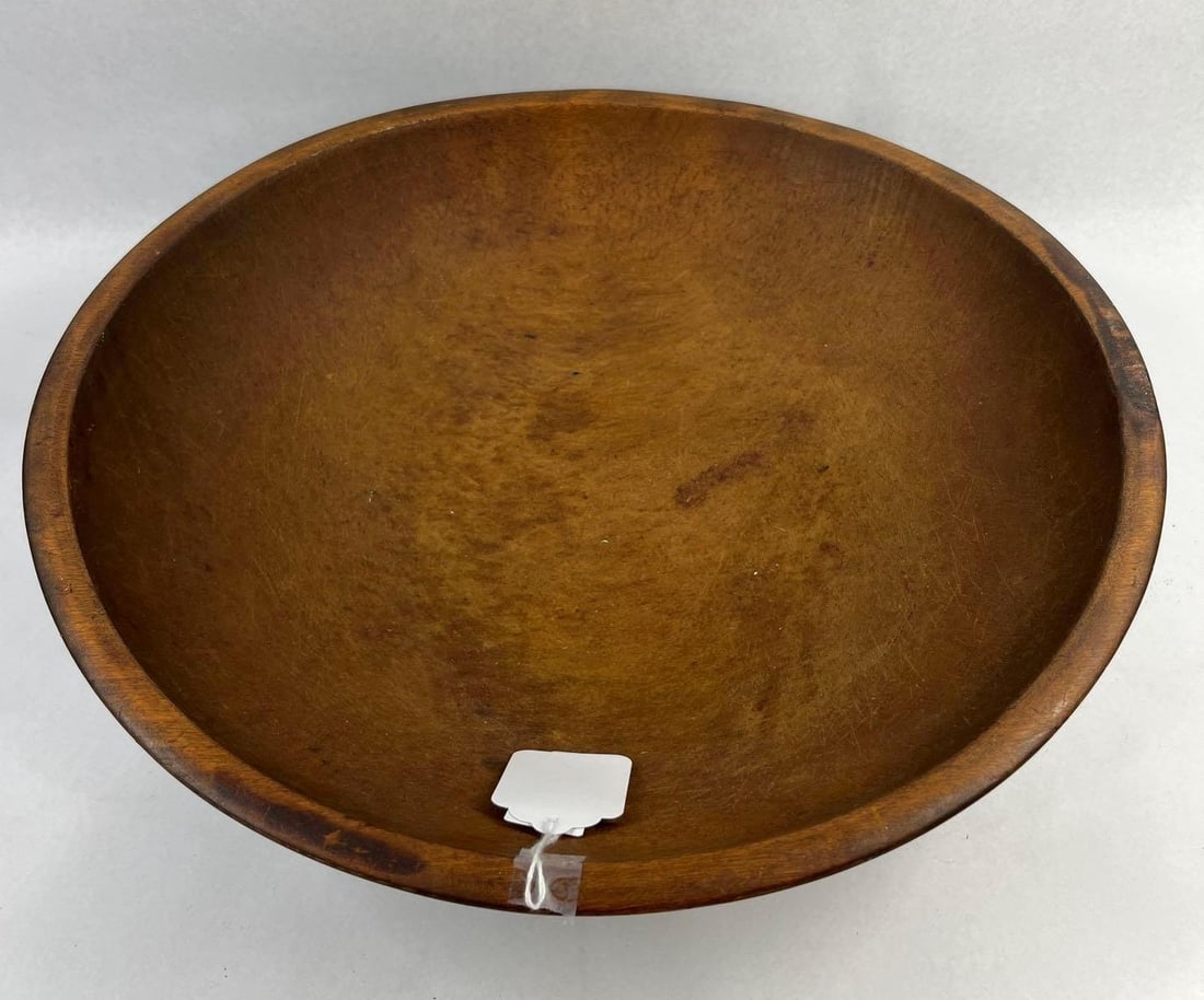American Turned Wood Dough Bowl w/ Ring: 15 in diameter. A turned wooden bowl of wide, shallow circular form, crafted from a single piece of hardwood. The vessel features a slightly flared rim and a flat, circular base. The exterior is