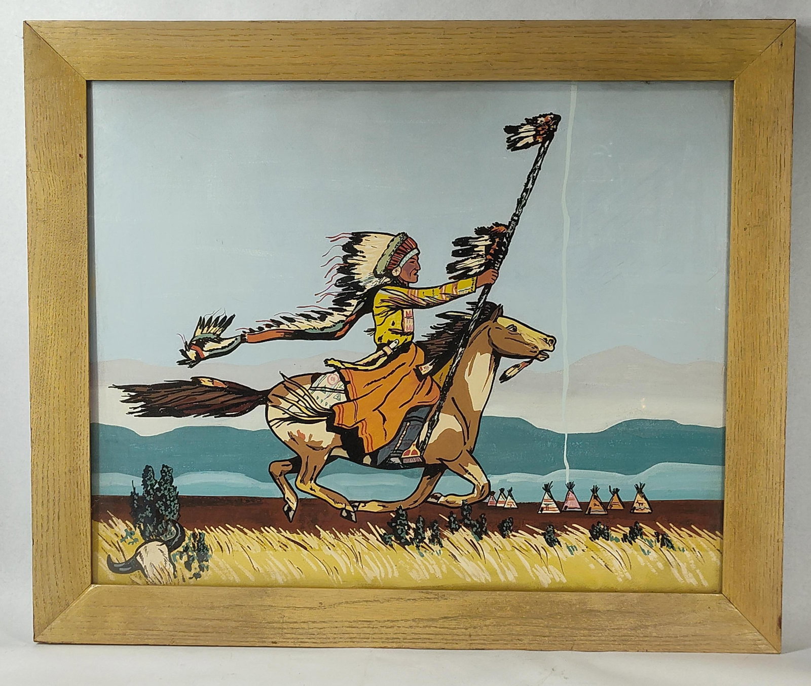 Native American Illustration on Board: 27x22. A mid-20th century graphic work, likely a serigraph or gouache on board, depicting a Native American warrior in a full eagle-feather headdress galloping on a horse while brandishing a long,