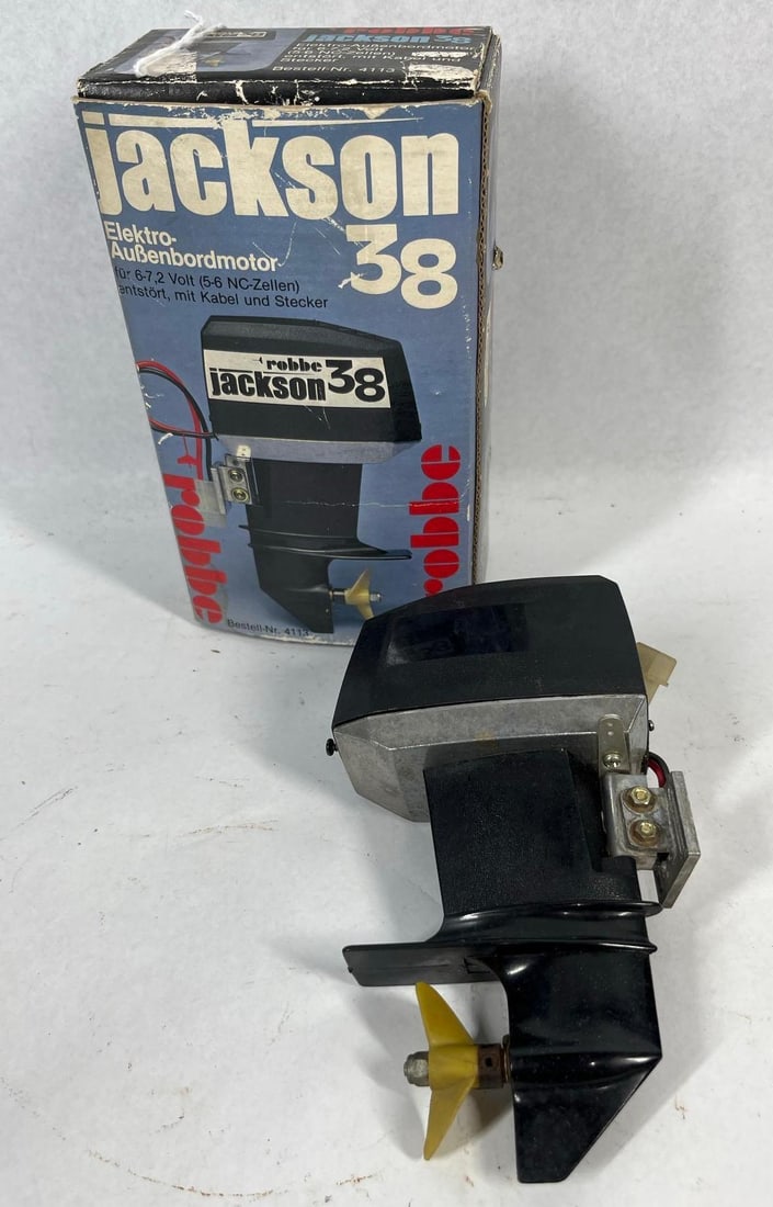 Robbe Jackson 38 Outboard Motor w/Box: A vintage Robbe Modellsport Jackson 38 electric outboard motor designed for radio-controlled model boats, manufactured in West Germany. Web consensus indicates this model was produced by Kyosho for di