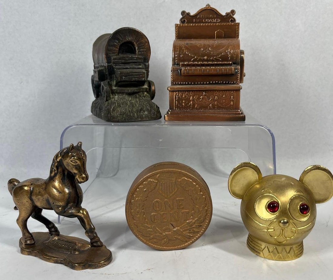 Vtg & Commemorative Metal Still Banks: This collection features multiple vintage and commemorative metal still banks, primarily representing promotional and souvenir items related to Ohio institutions and history. The first bank is a